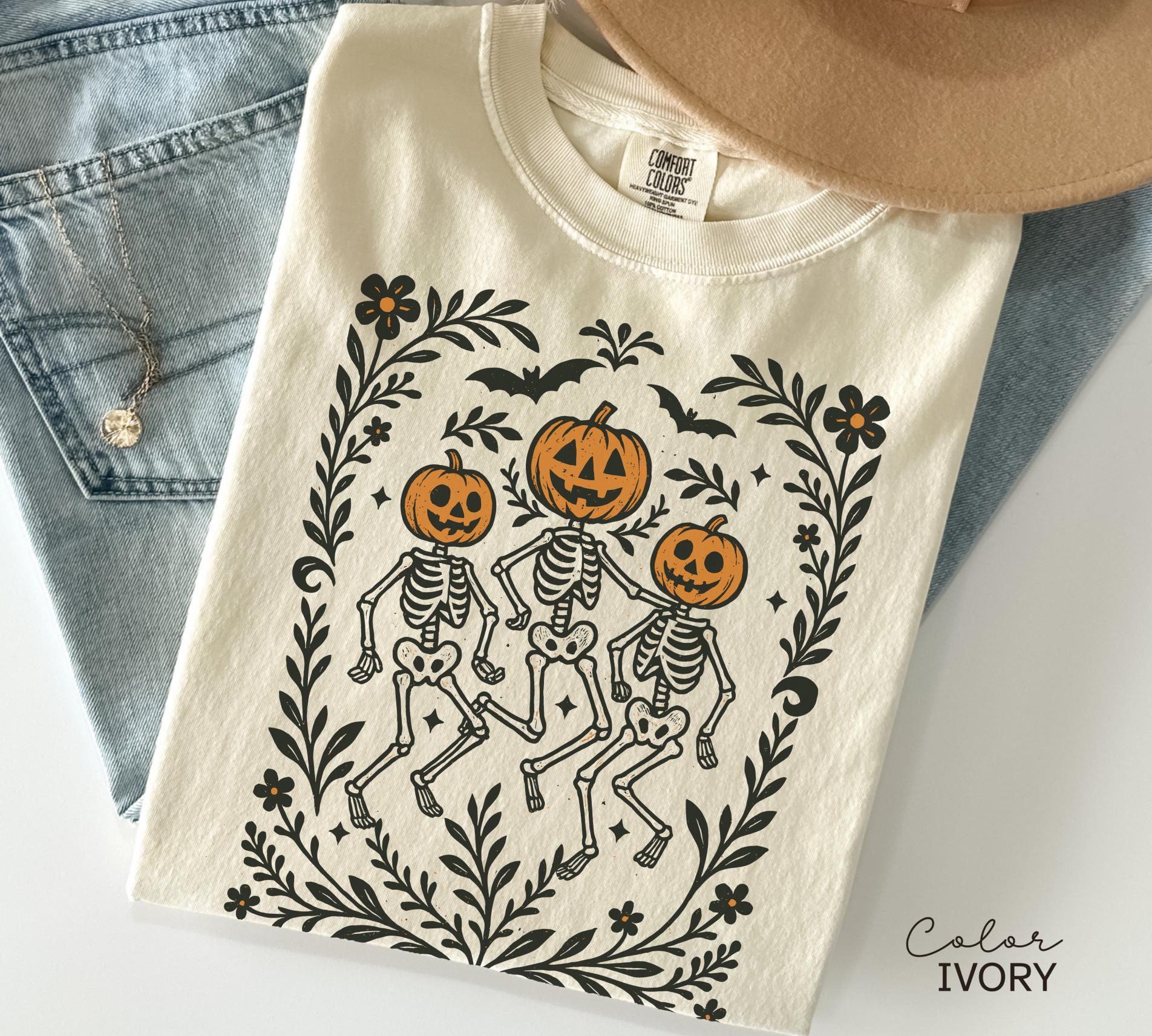 Skeleton Halloween Retro Shirt, Boho Cottagecore, Floral Halloween, Oversized, Comfort Colors, Crewneck Tee, Halloween Party, Spooky,