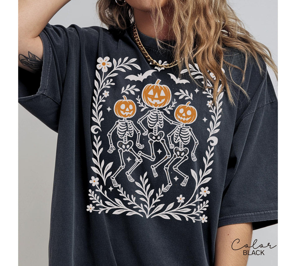 Skeleton Halloween Retro Shirt, Boho Cottagecore, Floral Halloween, Oversized, Comfort Colors, Crewneck Tee, Halloween Party, Spooky,