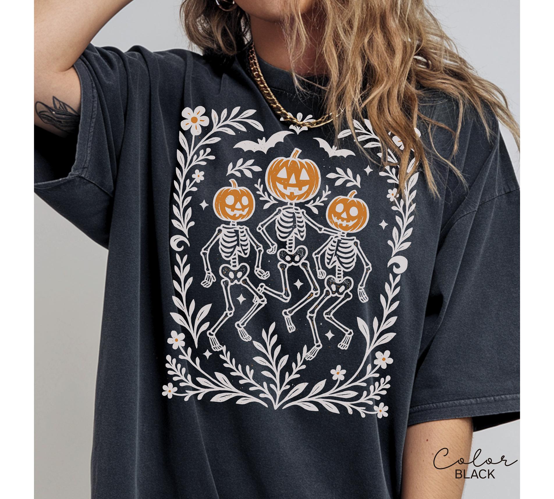 Skeleton Halloween Retro Shirt, Boho Cottagecore, Floral Halloween, Oversized, Comfort Colors, Crewneck Tee, Halloween Party, Spooky,