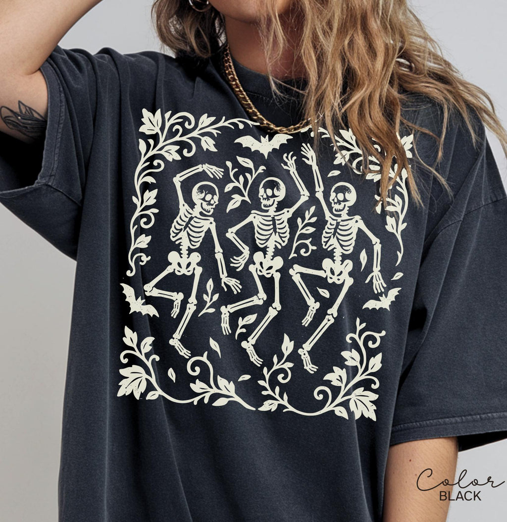 Skeleton Halloween Retro Shirt, Boho Cottagecore, Floral Halloween, Oversized, Comfort Colors, Crewneck Tee, Halloween Party, Spooky
