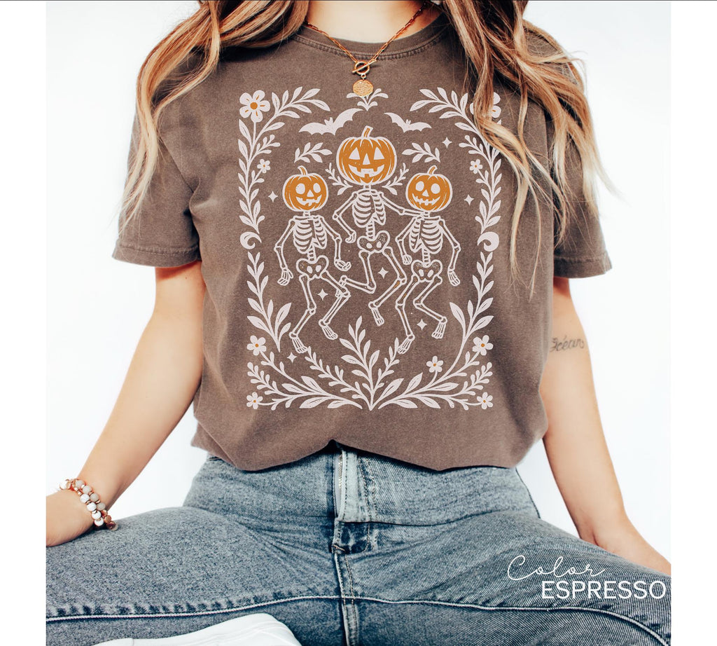 Skeleton Halloween Retro Shirt, Boho Cottagecore, Floral Halloween, Oversized, Comfort Colors, Crewneck Tee, Halloween Party, Spooky,
