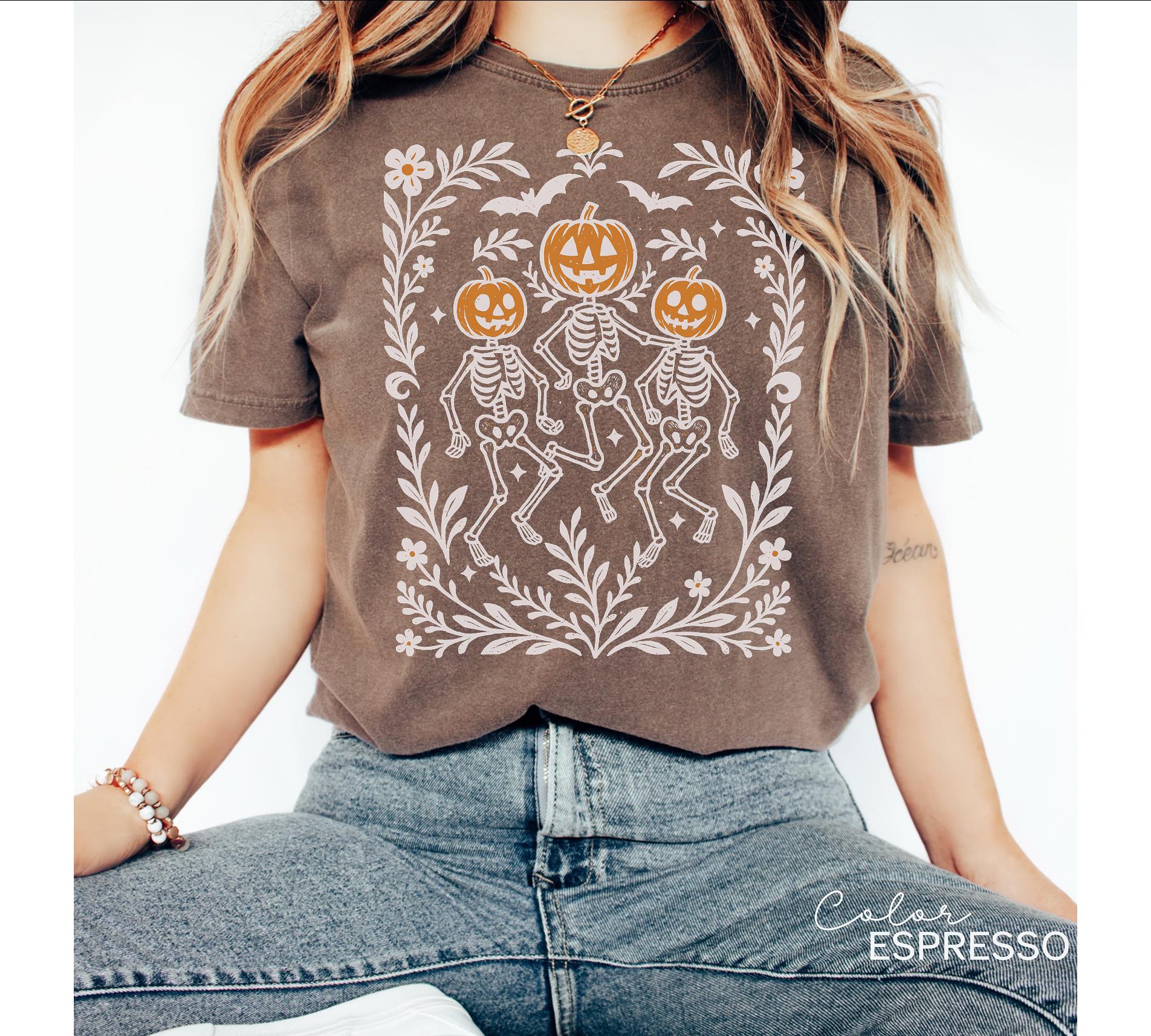 Skeleton Halloween Retro Shirt, Boho Cottagecore, Floral Halloween, Oversized, Comfort Colors, Crewneck Tee, Halloween Party, Spooky,