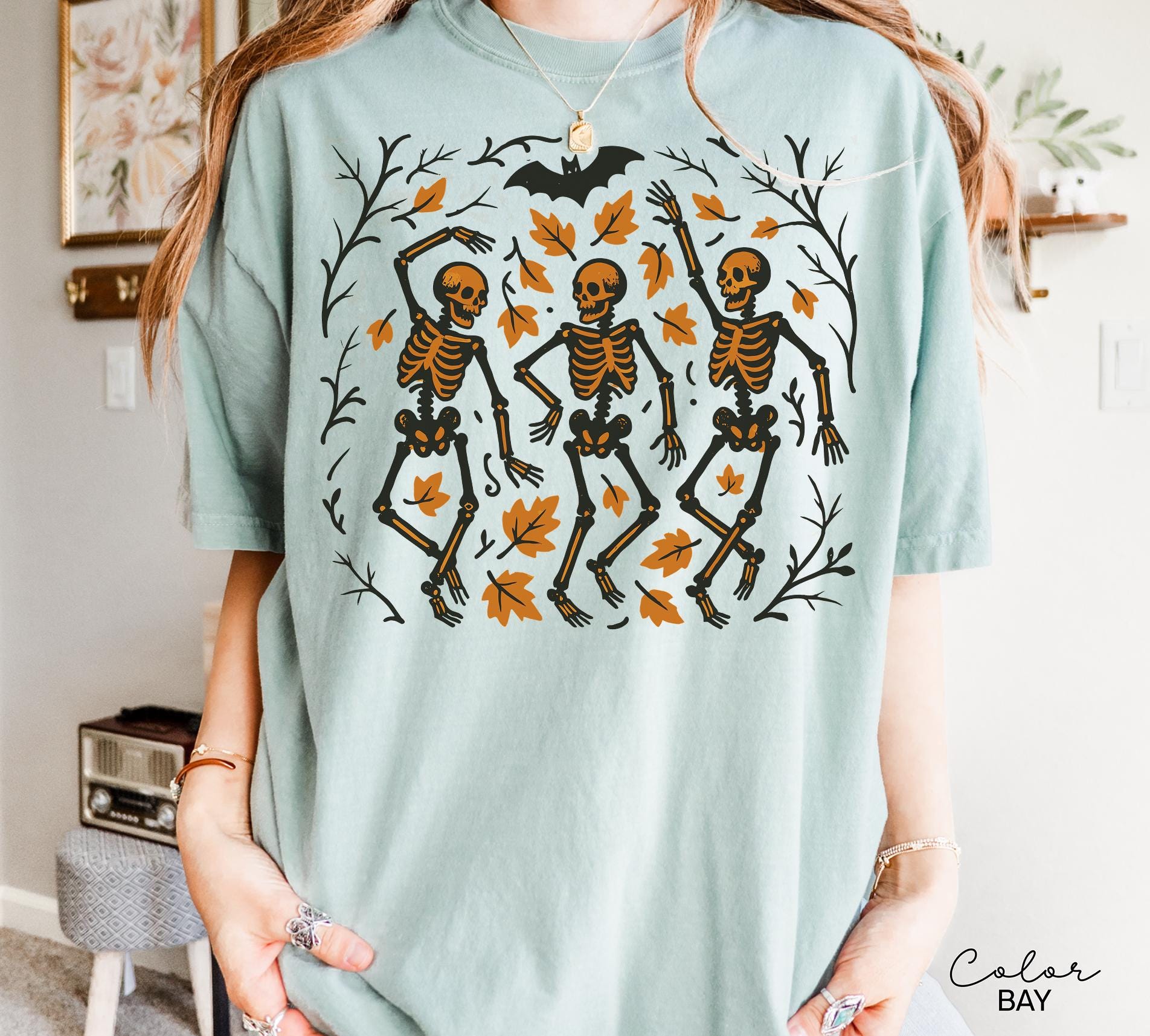 Skeleton Halloween Retro Shirt, Boho Cottagecore, Floral Halloween, Oversized, Comfort Colors, Crewneck Tee, Halloween Party, Spooky
