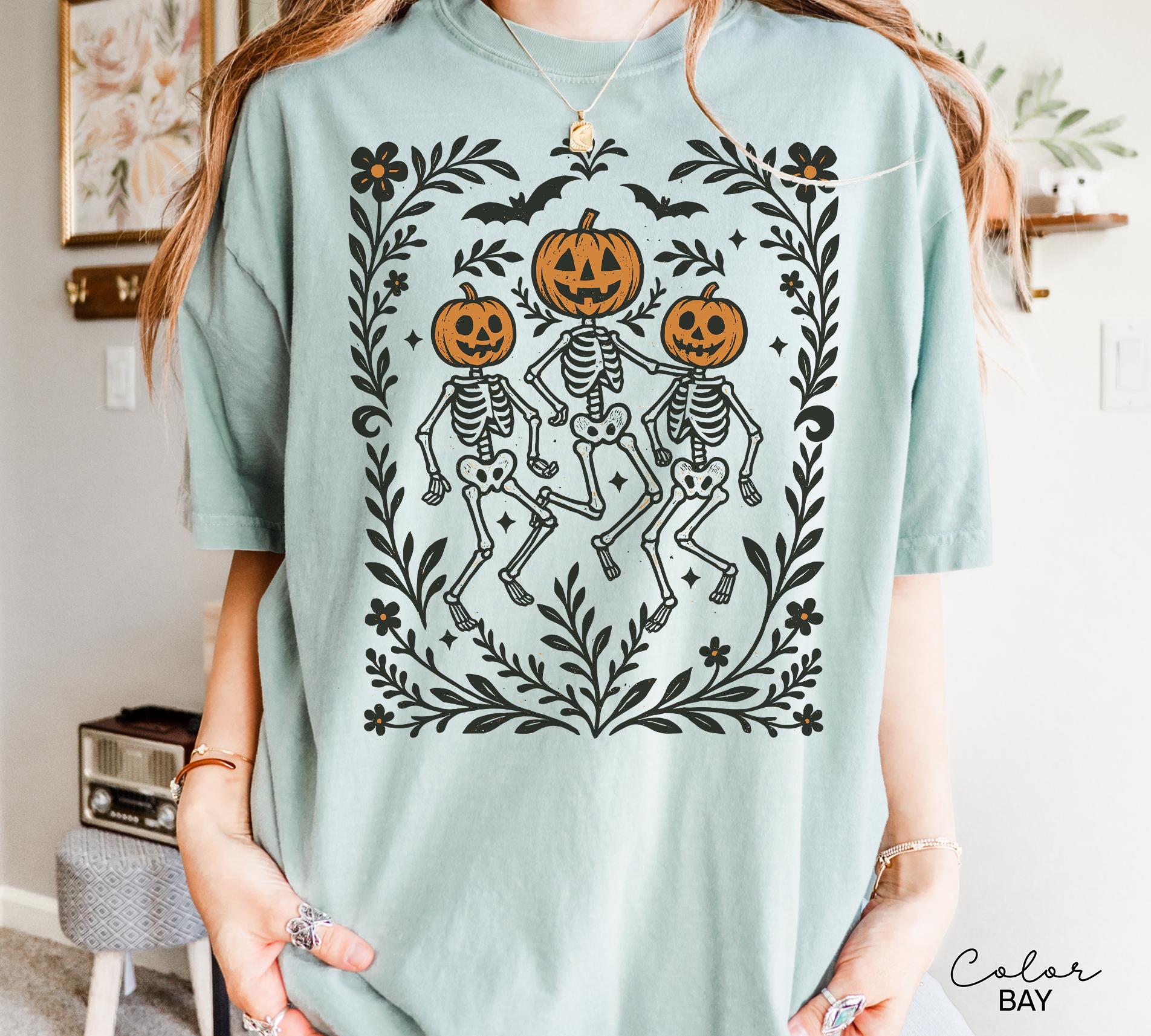 Skeleton Halloween Retro Shirt, Boho Cottagecore, Floral Halloween, Oversized, Comfort Colors, Crewneck Tee, Halloween Party, Spooky,
