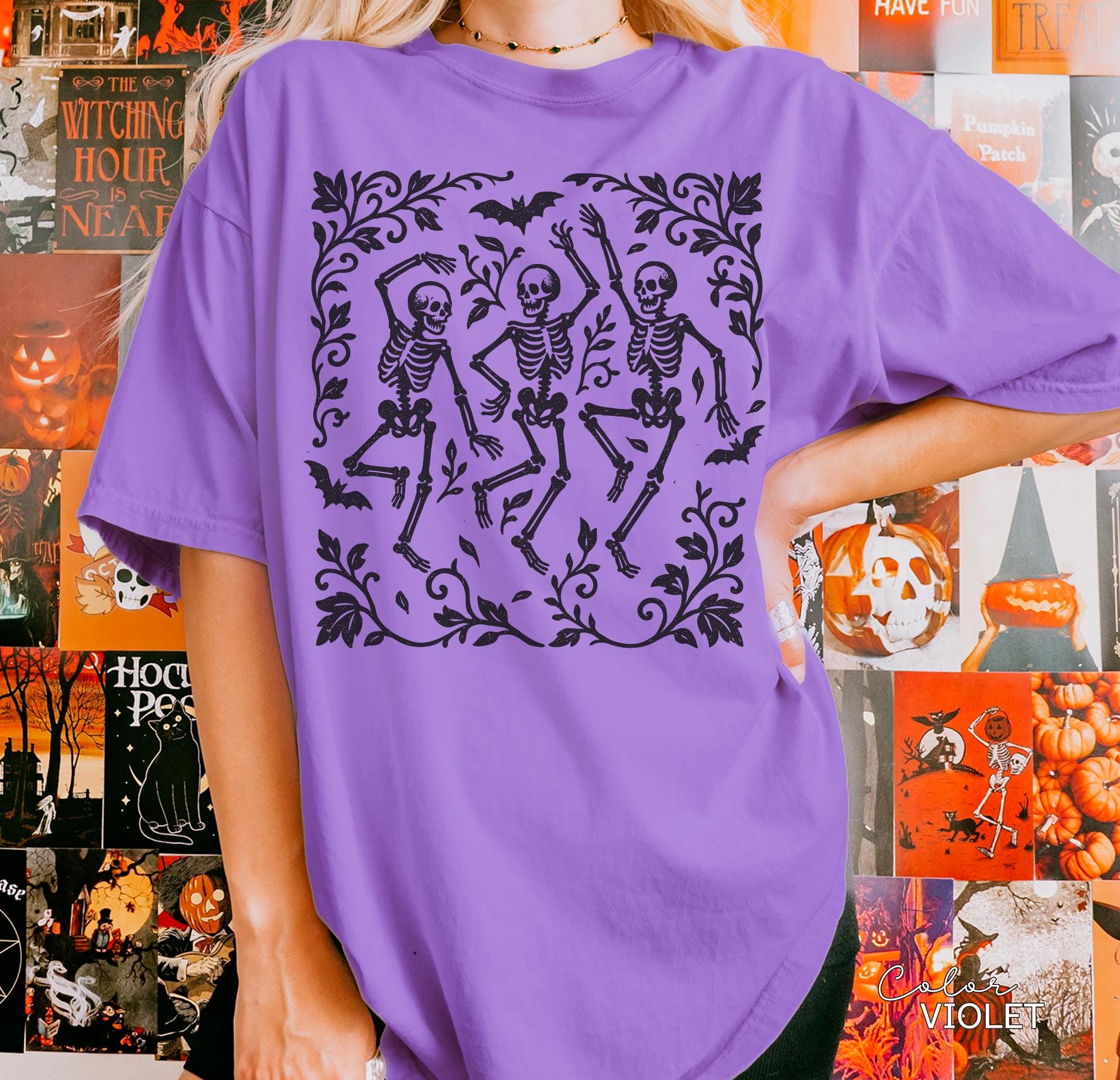 Skeleton Halloween Retro Shirt, Boho Cottagecore, Floral Halloween, Oversized, Comfort Colors, Crewneck Tee, Halloween Party, Spooky
