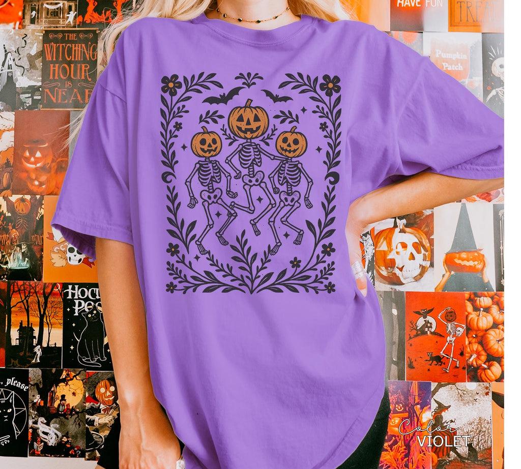 Skeleton Halloween Retro Shirt, Boho Cottagecore, Floral Halloween, Oversized, Comfort Colors, Crewneck Tee, Halloween Party, Spooky,