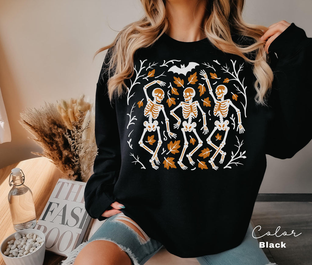 Dancing Skeleton Halloween Retro Sweatshirt, Boho Cottagecore, Floral Halloween, Oversized Crewneck, Halloween Party, Spooky