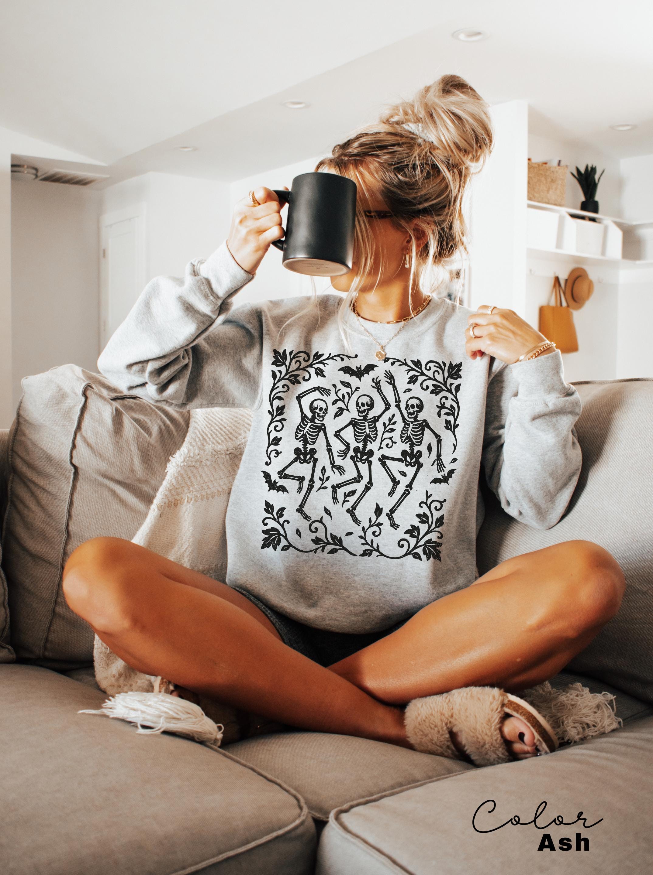 Dancing Skeleton Halloween Retro Sweatshirt, Boho Cottagecore, Floral Halloween, Oversized Crewneck, Halloween Party, Spooky