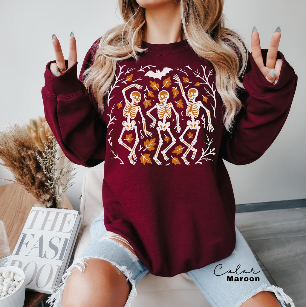 Dancing Skeleton Halloween Retro Sweatshirt, Boho Cottagecore, Floral Halloween, Oversized Crewneck, Halloween Party, Spooky