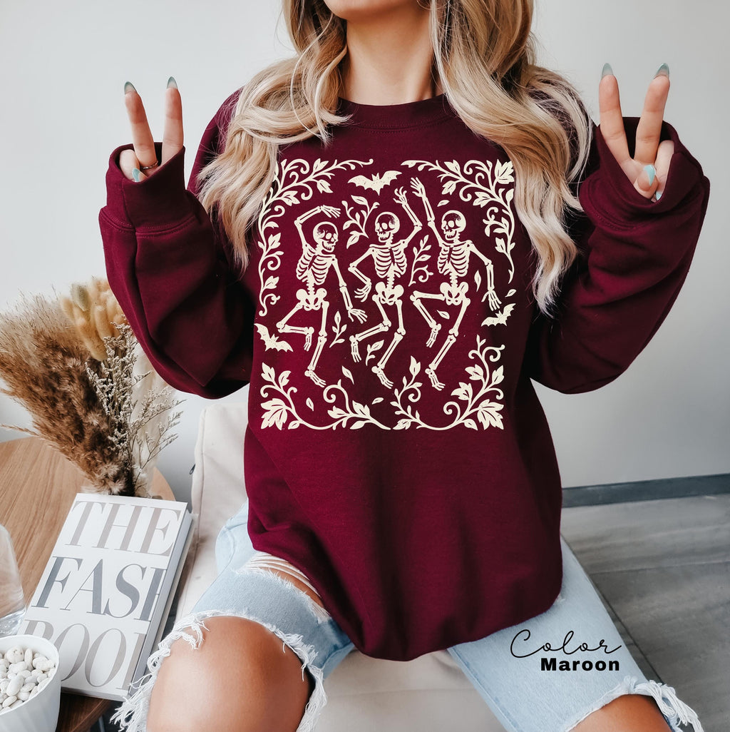Dancing Skeleton Halloween Retro Sweatshirt, Boho Cottagecore, Floral Halloween, Oversized Crewneck, Halloween Party, Spooky