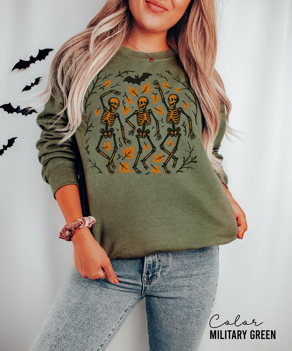 Dancing Skeleton Halloween Retro Sweatshirt, Boho Cottagecore, Floral Halloween, Oversized Crewneck, Halloween Party, Spooky