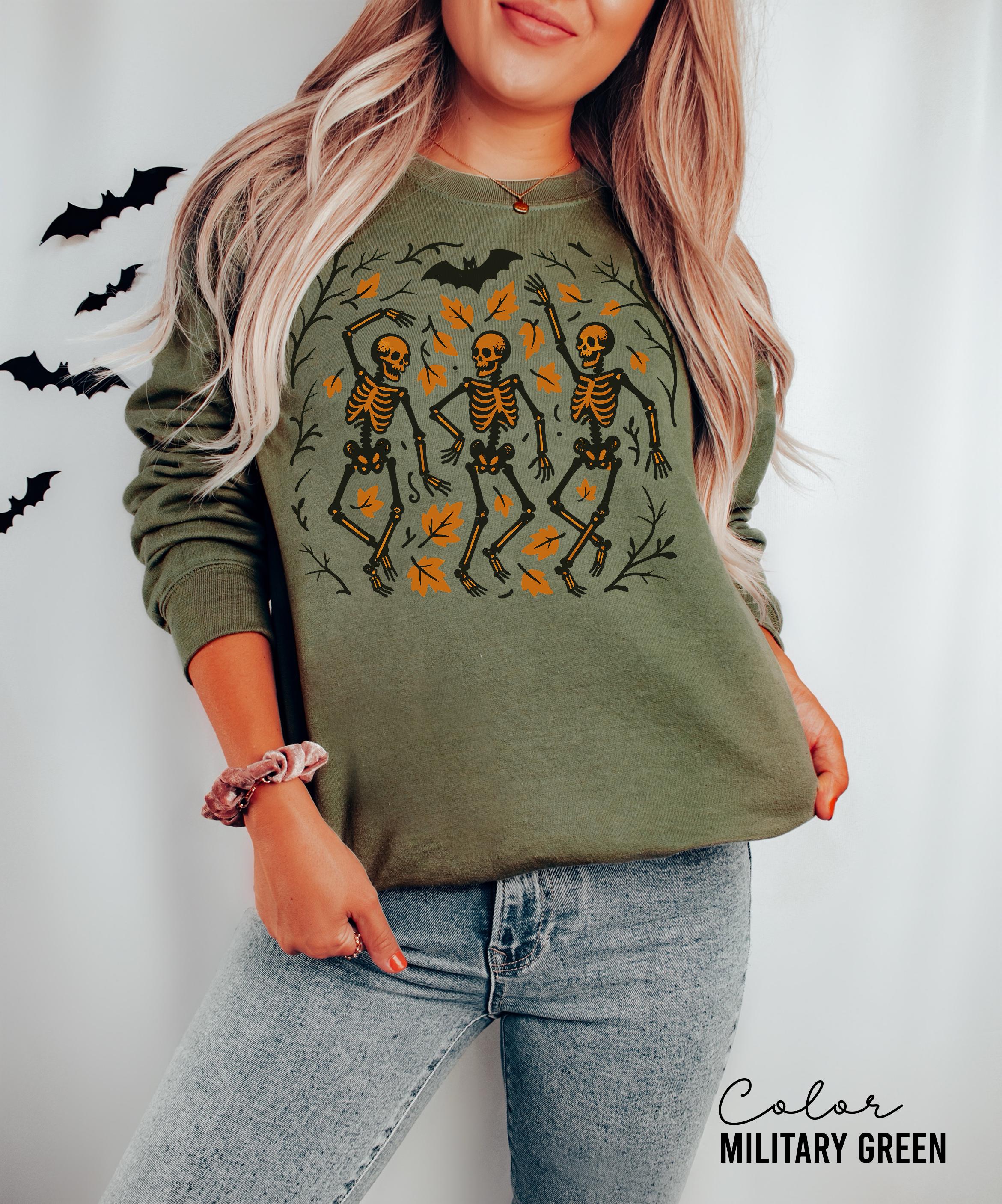 Dancing Skeleton Halloween Retro Sweatshirt, Boho Cottagecore, Floral Halloween, Oversized Crewneck, Halloween Party, Spooky