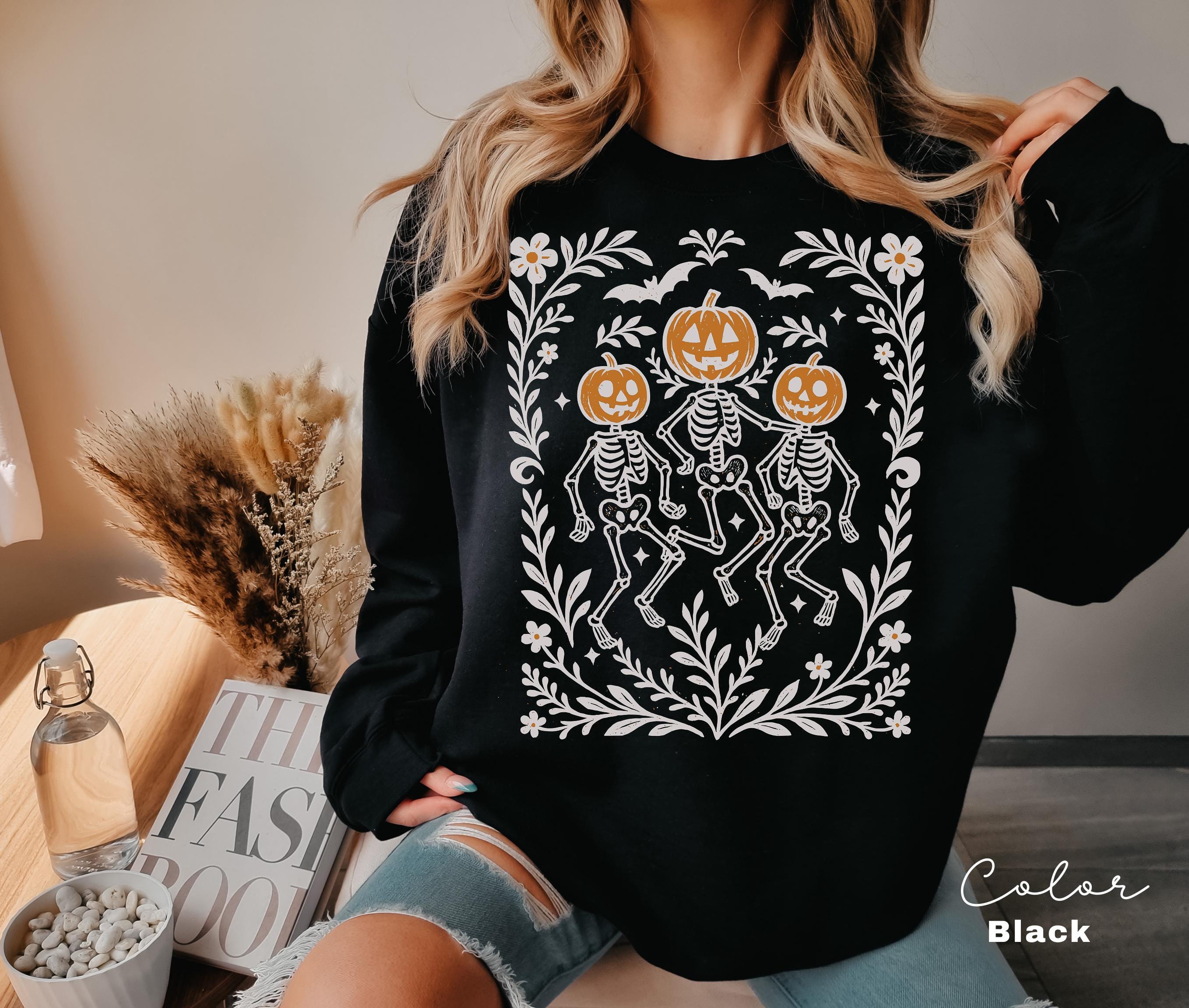 Dancing Skeleton Halloween Retro Pumpkin Sweatshirt, Boho Cottagecore, Floral Halloween, Oversized Crewneck, Halloween Party, Spooky