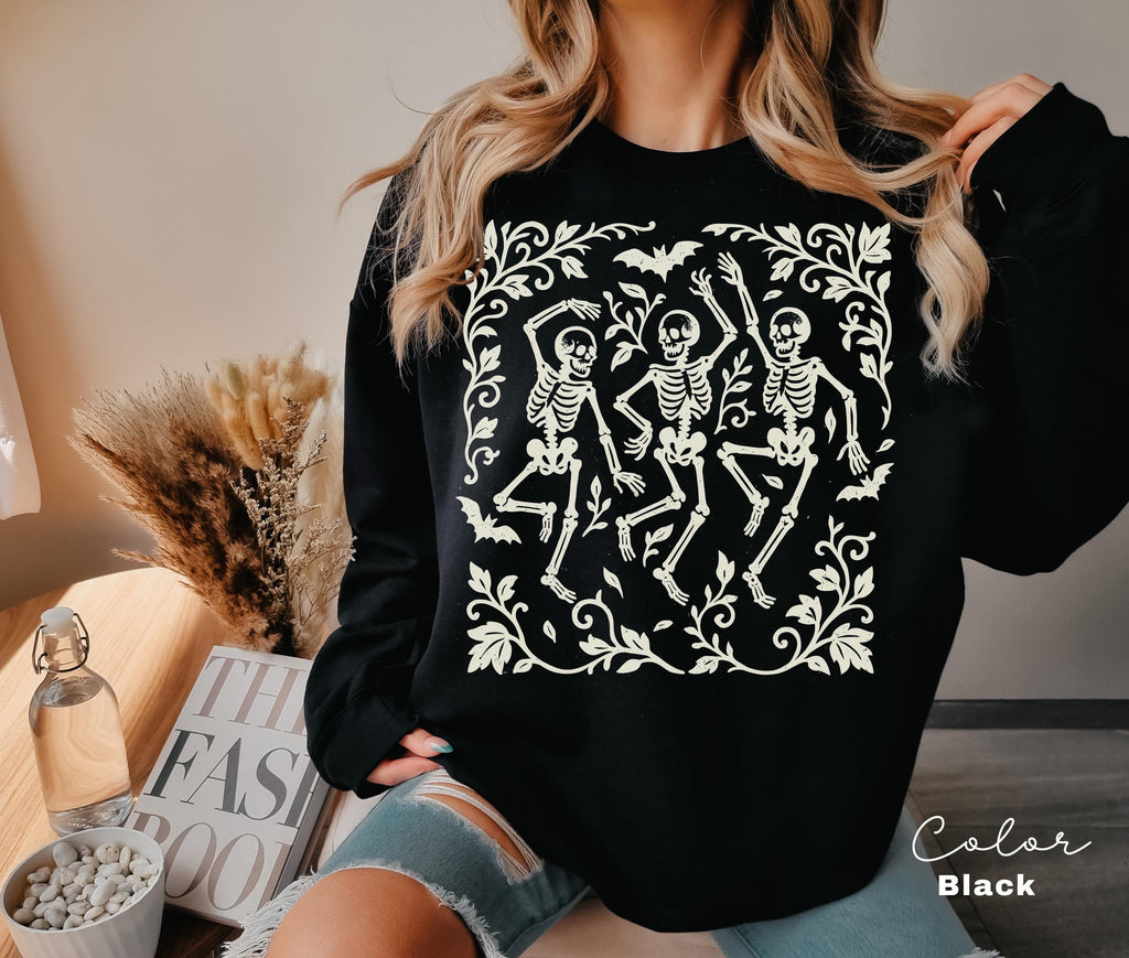 Dancing Skeleton Halloween Retro Sweatshirt, Boho Cottagecore, Floral Halloween, Oversized Crewneck, Halloween Party, Spooky