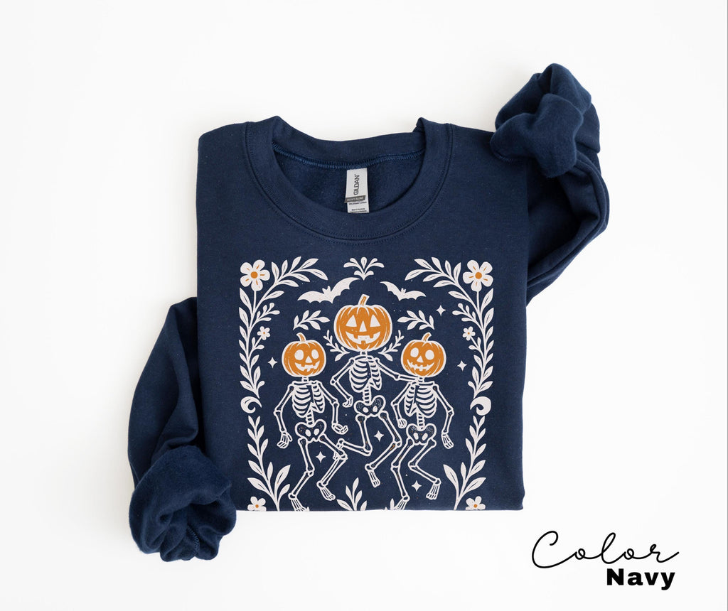 Dancing Skeleton Halloween Retro Pumpkin Sweatshirt, Boho Cottagecore, Floral Halloween, Oversized Crewneck, Halloween Party, Spooky
