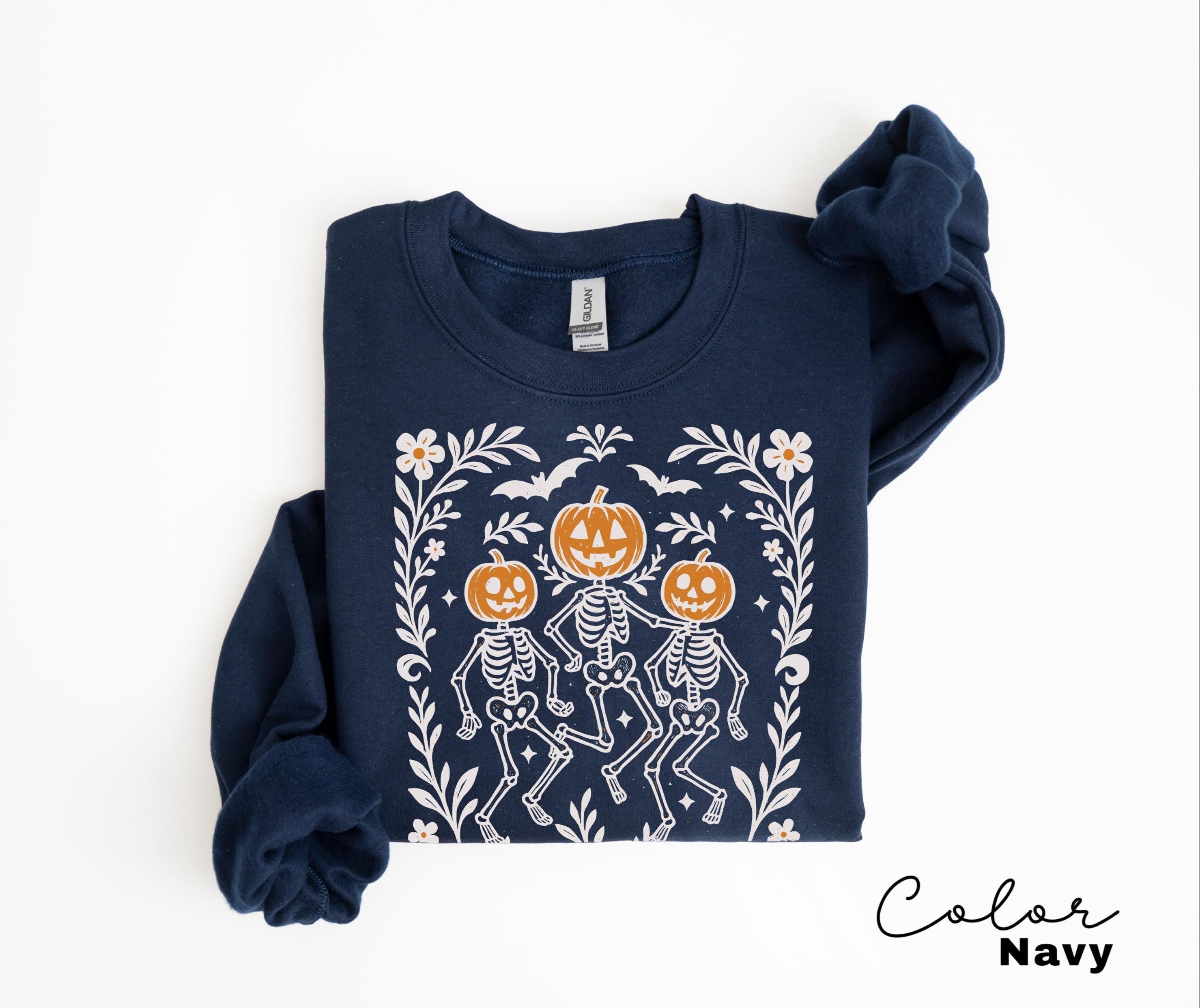 Dancing Skeleton Halloween Retro Pumpkin Sweatshirt, Boho Cottagecore, Floral Halloween, Oversized Crewneck, Halloween Party, Spooky