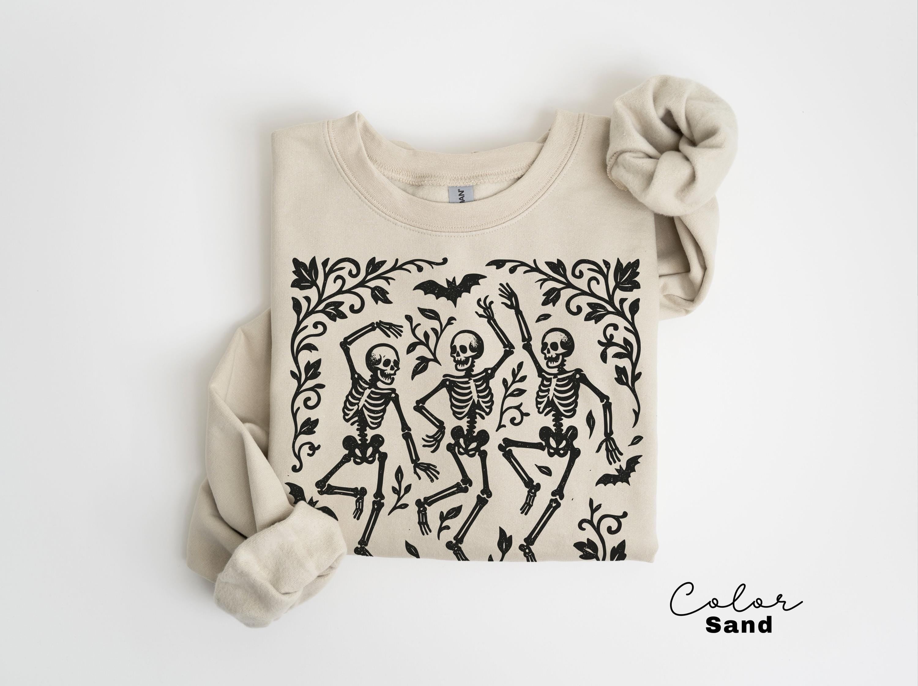 Dancing Skeleton Halloween Retro Sweatshirt, Boho Cottagecore, Floral Halloween, Oversized Crewneck, Halloween Party, Spooky