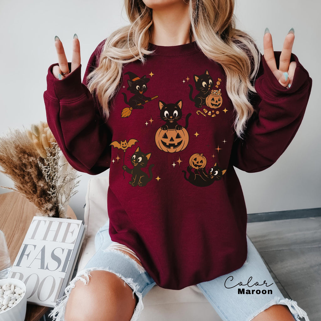 90s Cat Halloween Sweatshirt, Retro Halloween Sweatshirt, Spooky Season Crewneck, Pumpkin Shirt, Cat Lover Gift, Black Cat, Spooky Season