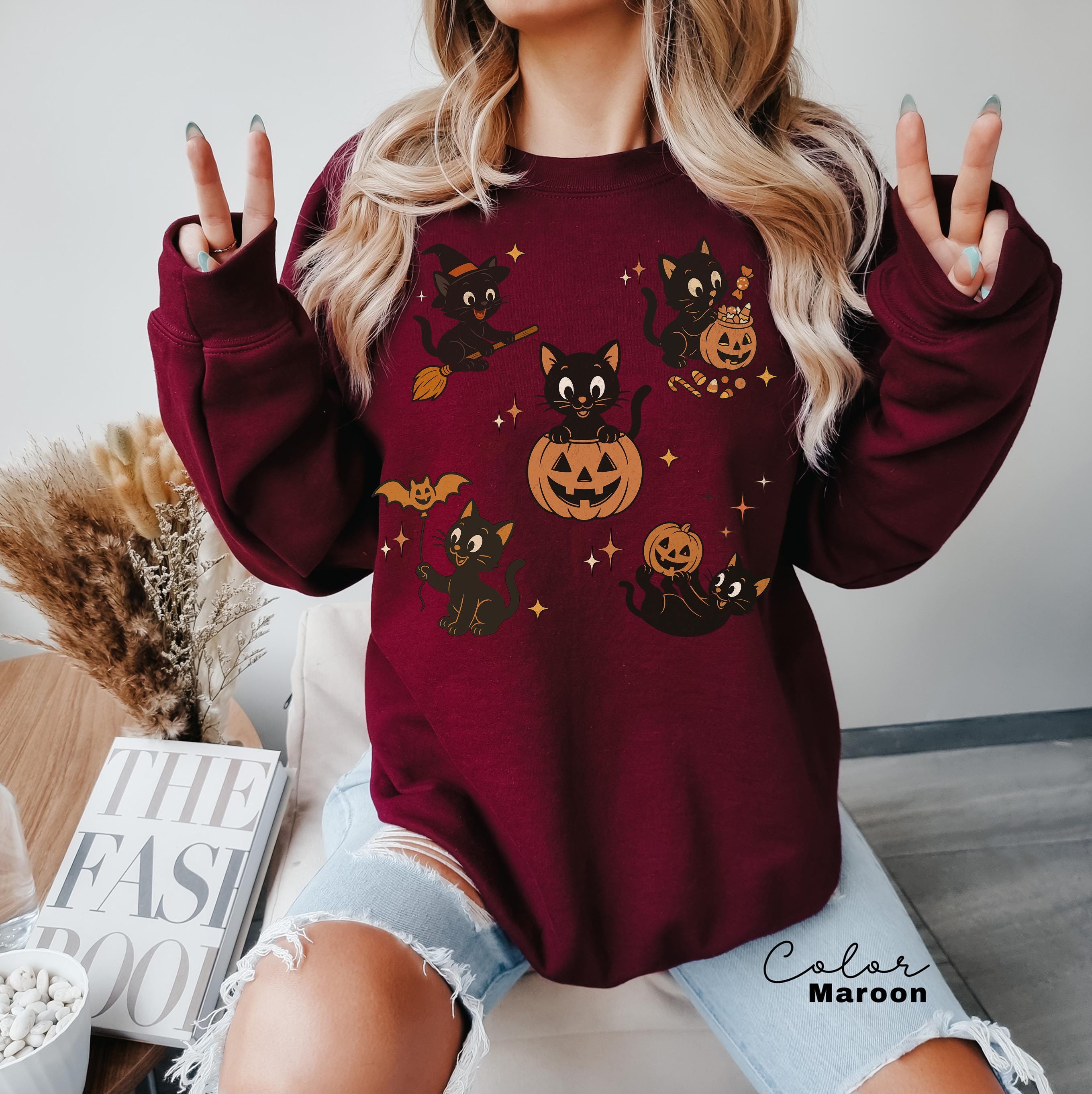 90s Cat Halloween Sweatshirt, Retro Halloween Sweatshirt, Spooky Season Crewneck, Pumpkin Shirt, Cat Lover Gift, Black Cat, Spooky Season