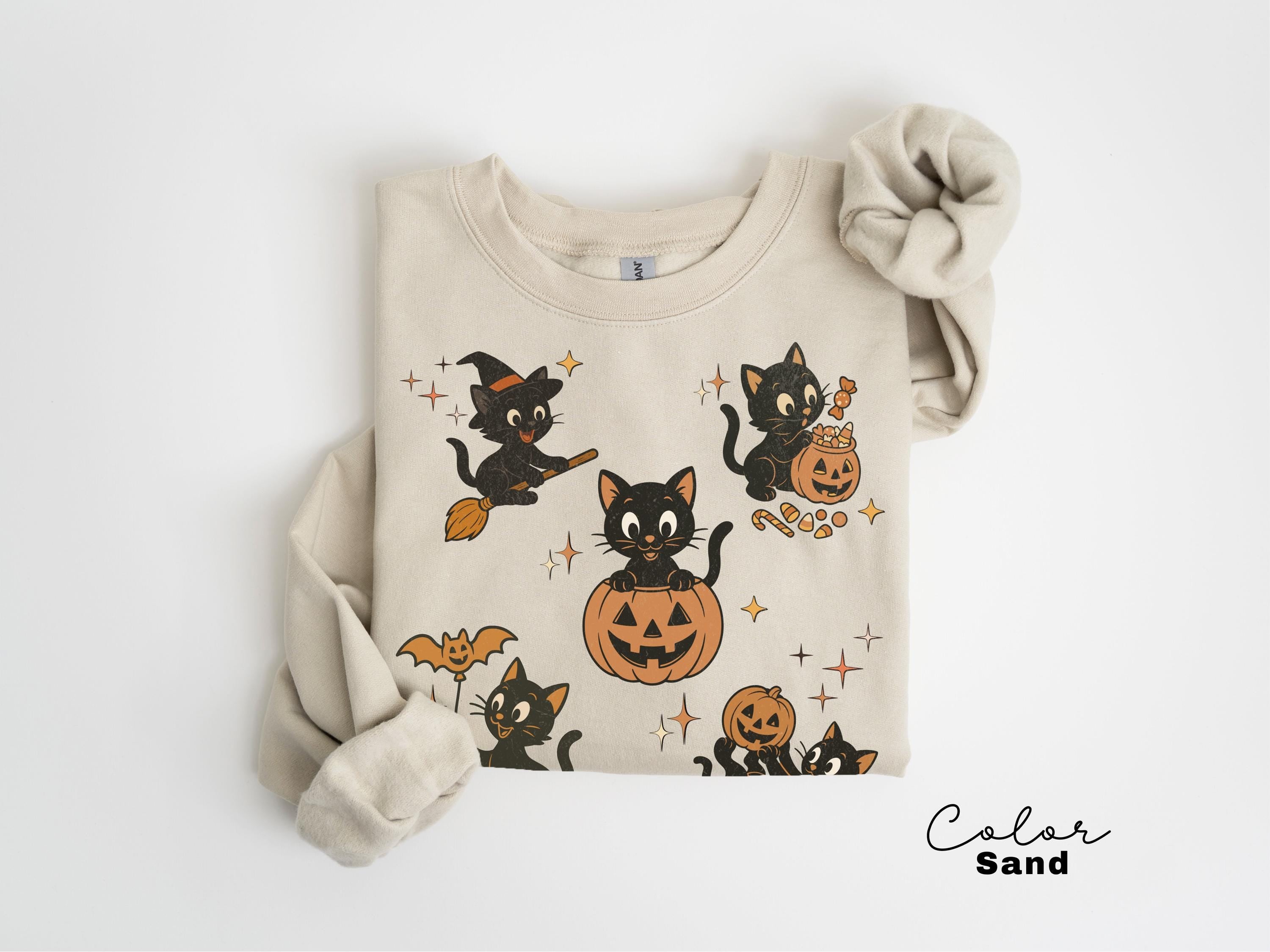 90s Cat Halloween Sweatshirt, Retro Halloween Sweatshirt, Spooky Season Crewneck, Pumpkin Shirt, Cat Lover Gift, Black Cat, Spooky Season