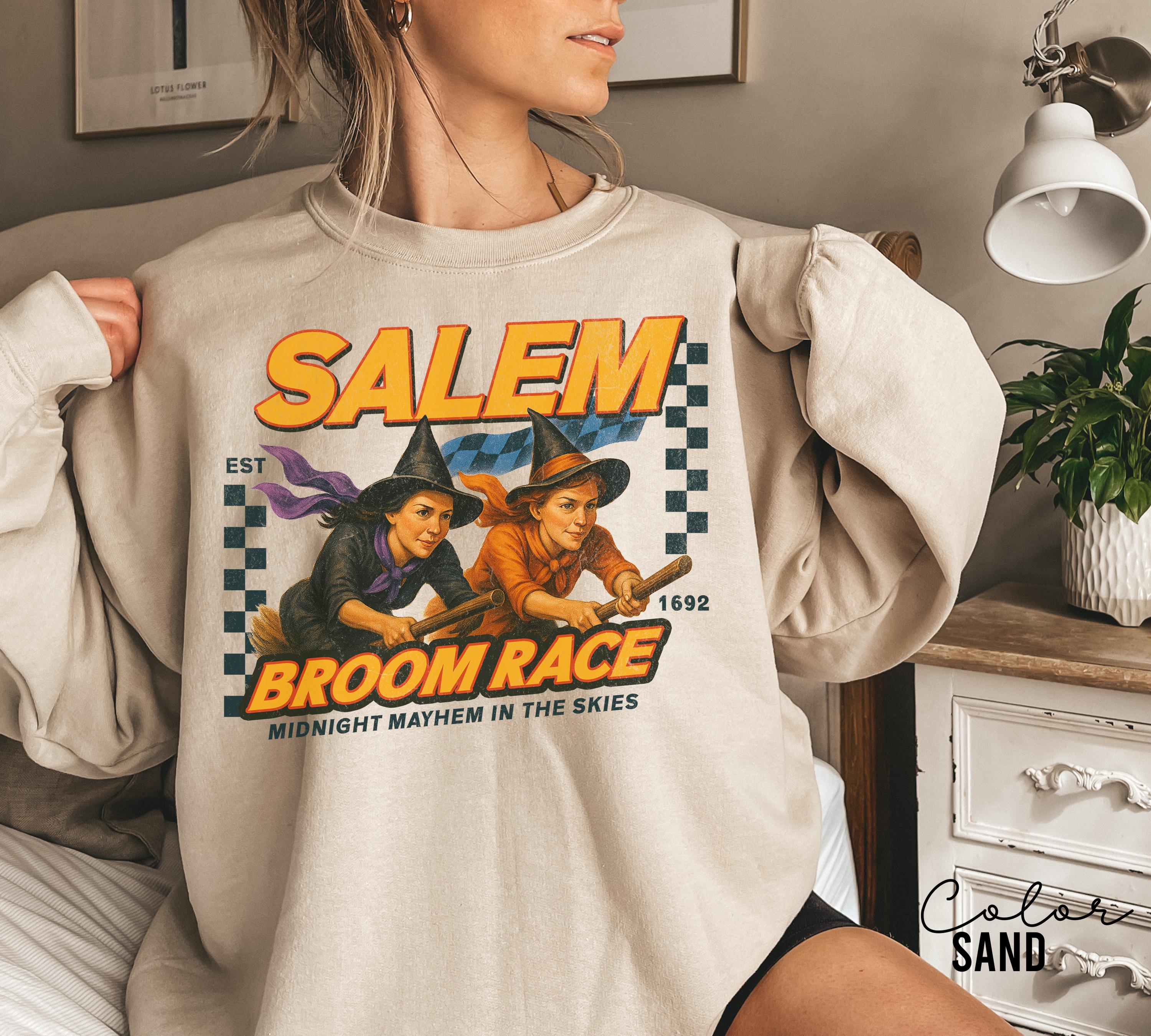 Retro Halloween Salem Witch Sweatshirt, Salem Broom Race, Salem Massachusetts, Funny Halloween, Halloween Party, Funny Halloween