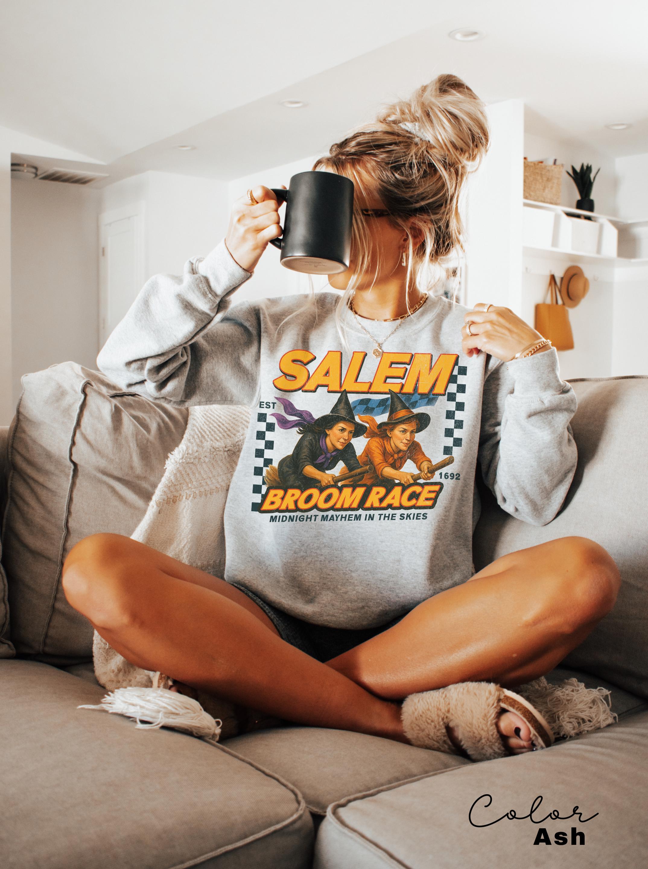 Retro Halloween Salem Witch Sweatshirt, Salem Broom Race, Salem Massachusetts, Funny Halloween, Halloween Party, Funny Halloween