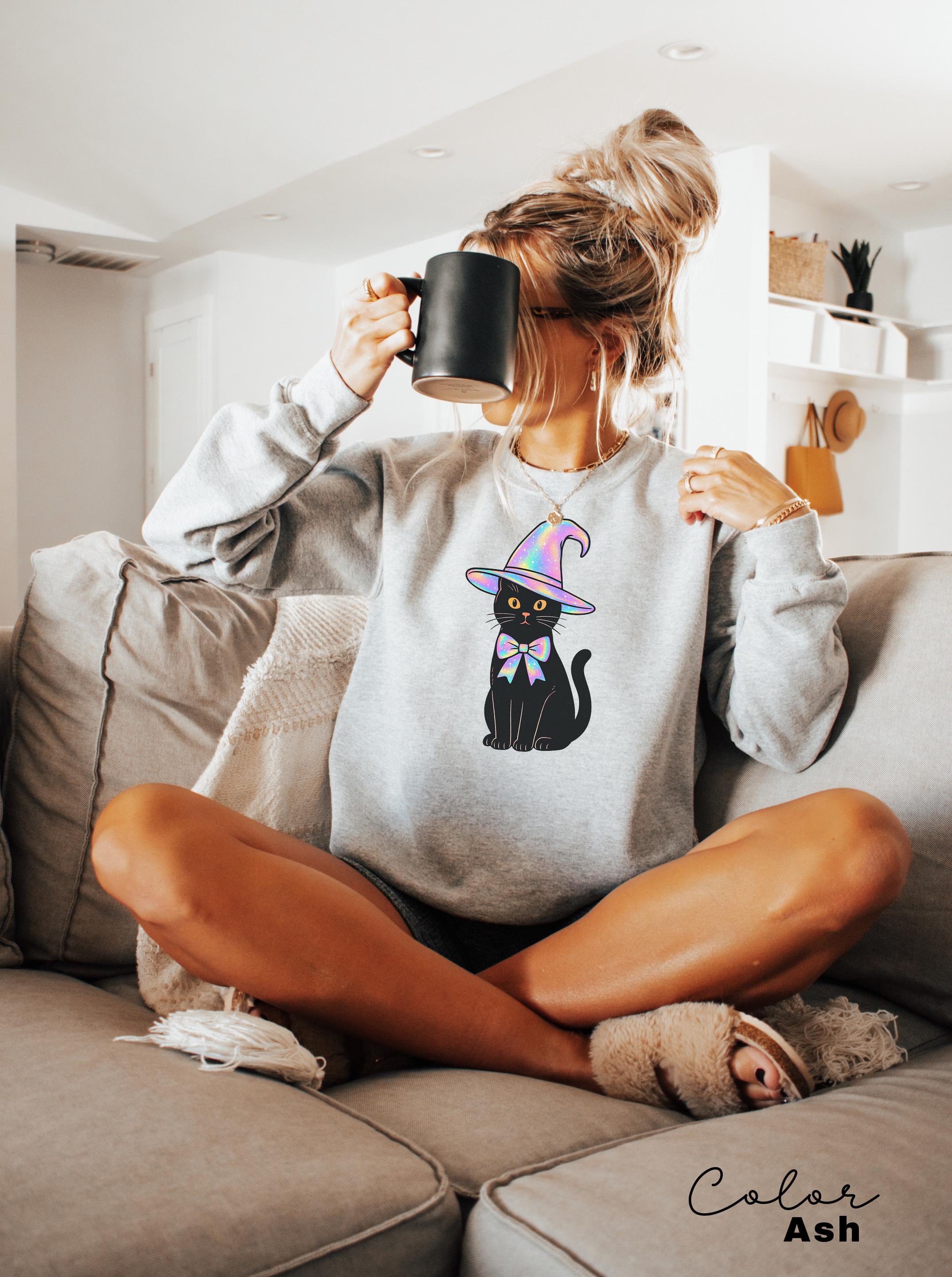 Halloween Black Cat Sweatshirt, Cat Lover Halloween Colorful Sweatshirt, Spooky Season Cat, Halloween Cute Women Outfit, Halloween Gift