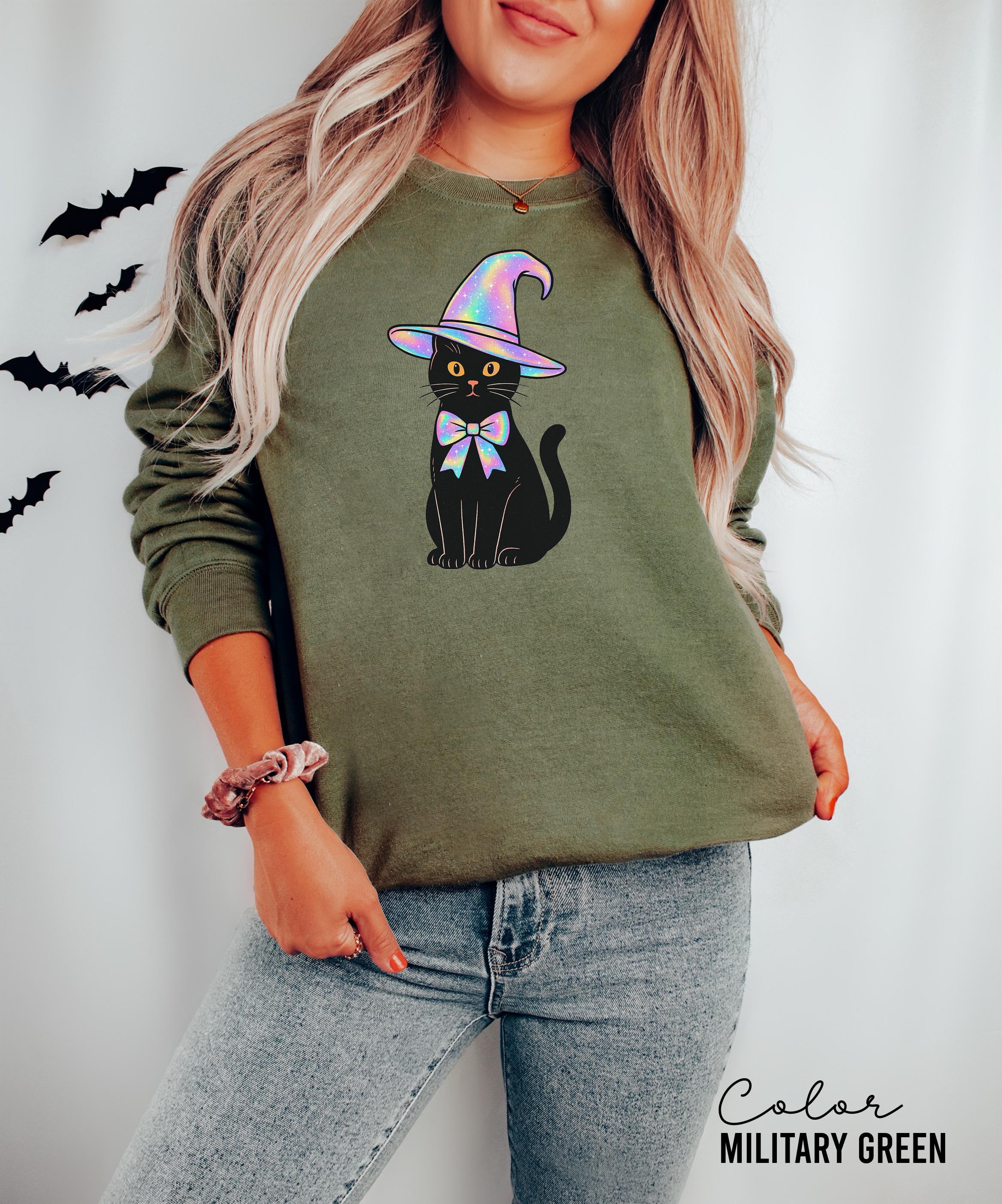 Halloween Black Cat Sweatshirt, Cat Lover Halloween Colorful Sweatshirt, Spooky Season Cat, Halloween Cute Women Outfit, Halloween Gift