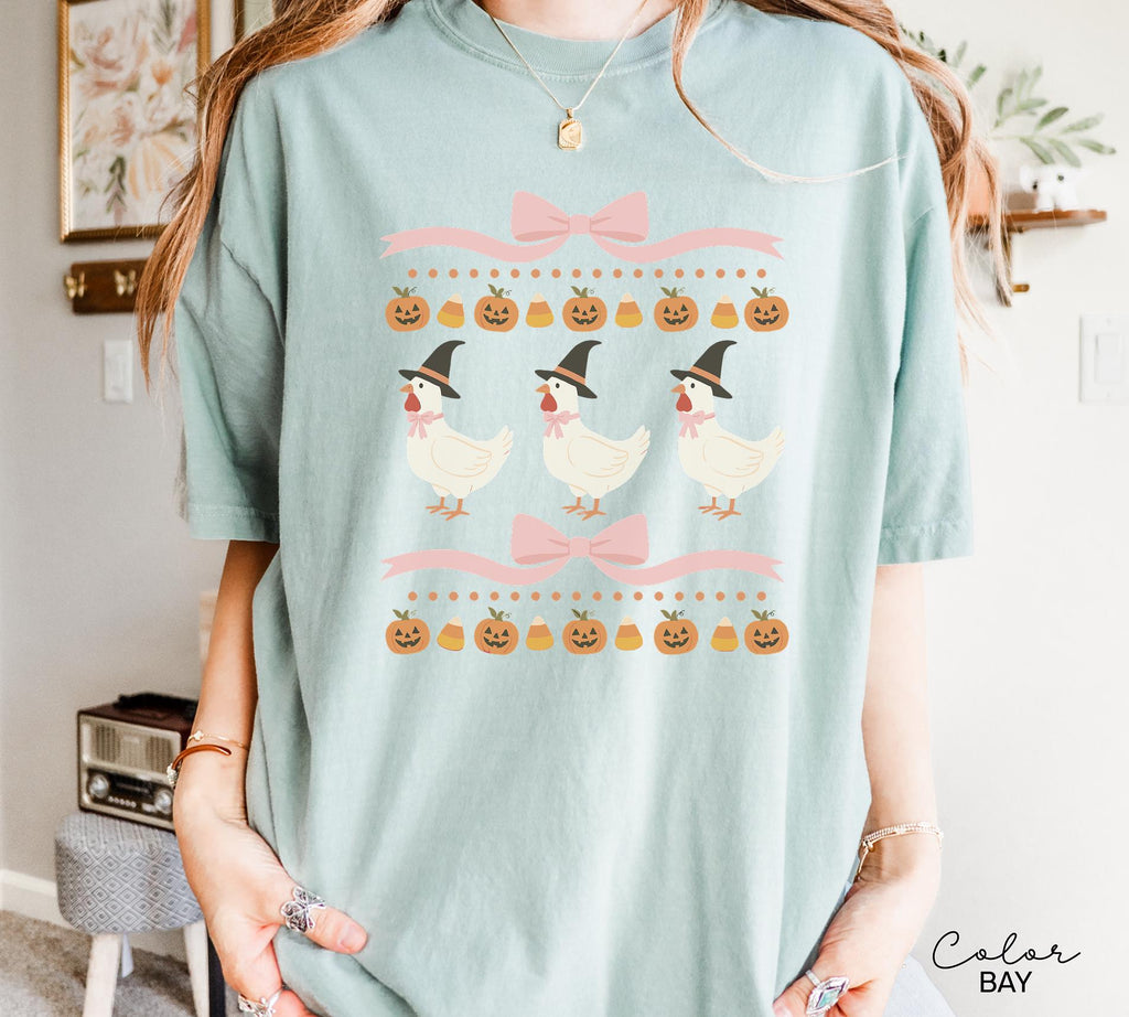 Halloween Chicken Bow Shirt, Retro Chicken Shirt, Cottagecore Halloween, Witch Chicks, Funny Chicken Tee, Farm Halloween, Country