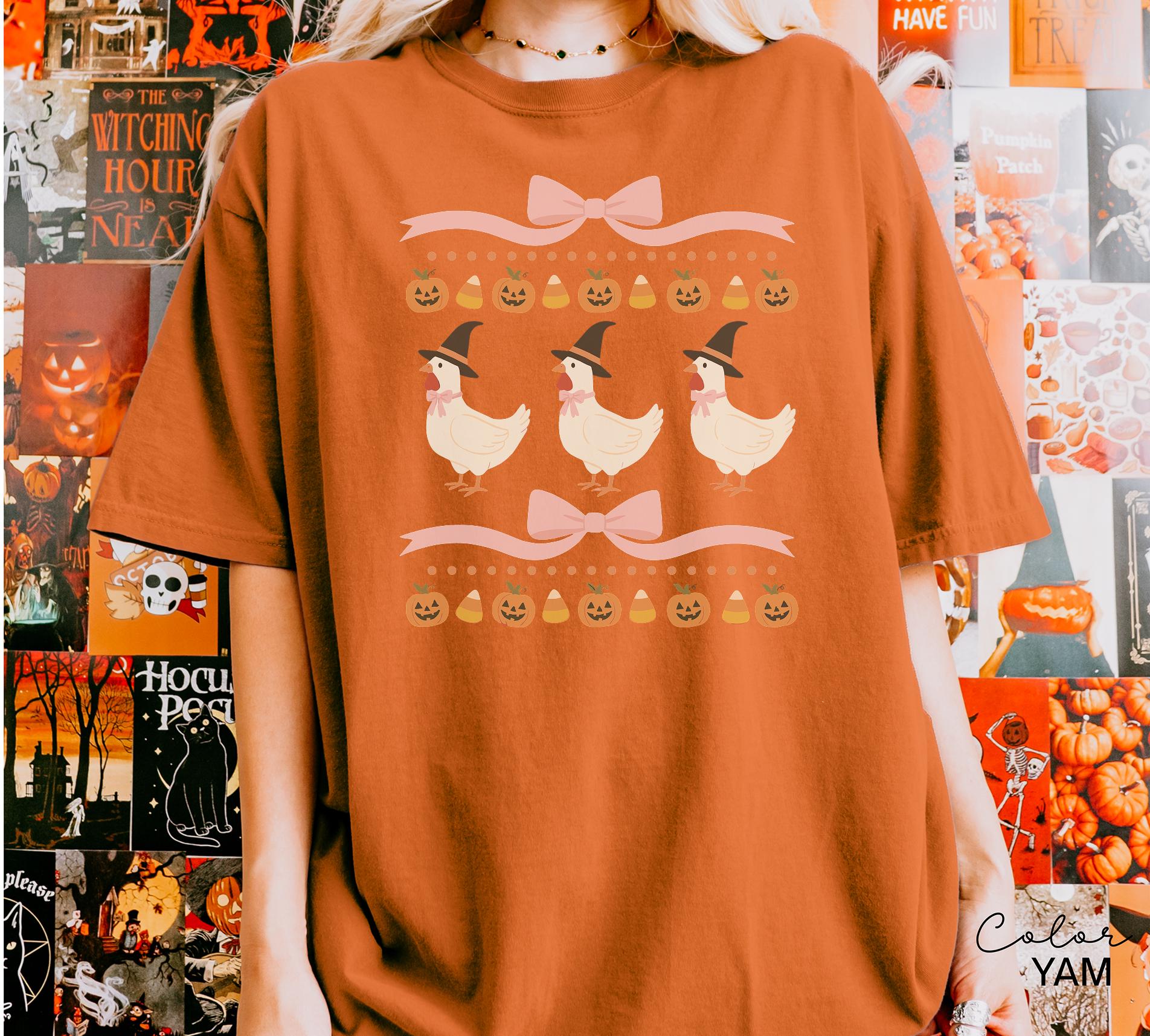 Halloween Chicken Bow Shirt, Retro Chicken Shirt, Cottagecore Halloween, Witch Chicks, Funny Chicken Tee, Farm Halloween, Country