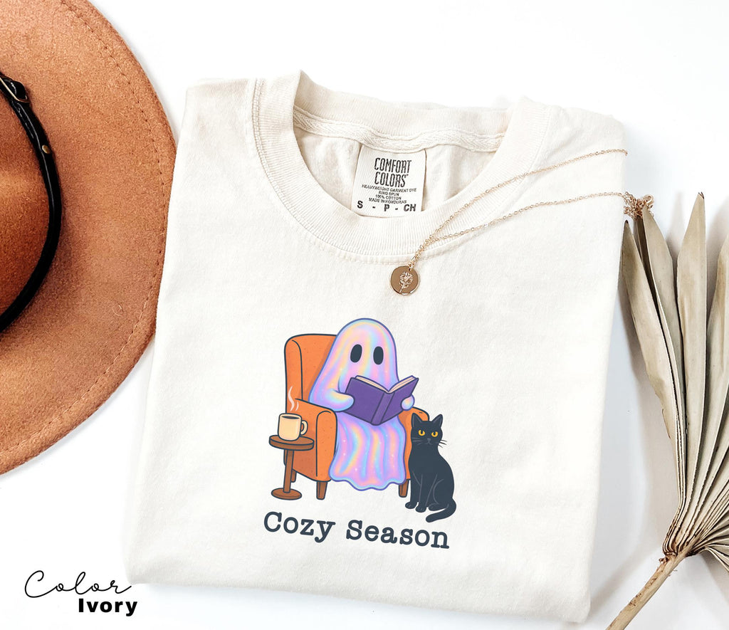Halloween Ghost Reading Book Shirt, Comfort Colors Cozy Season Shirt, Bookish Halloween Shirt, Halloween Reader Gift Shirt, Book Club Shirt