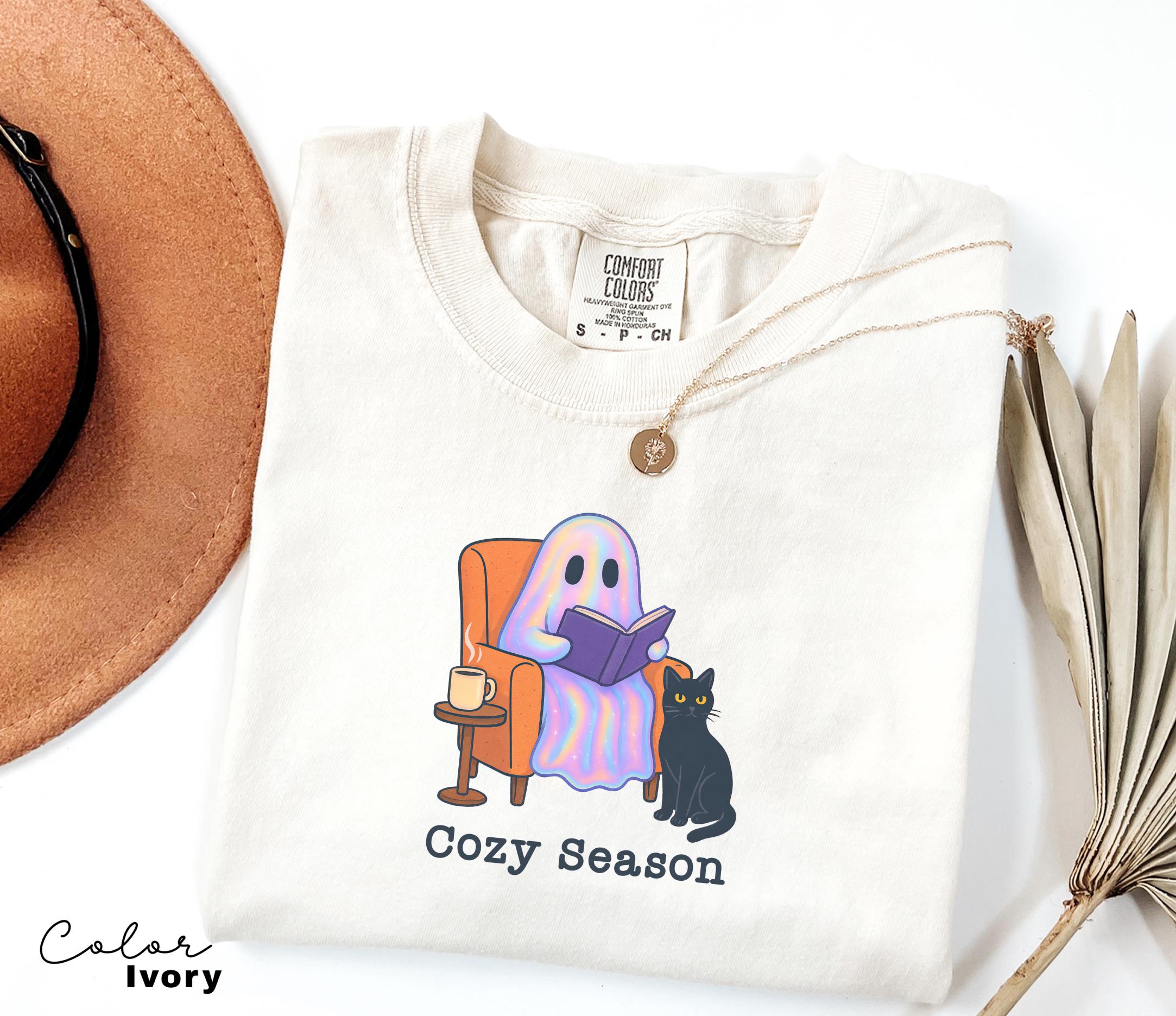 Halloween Ghost Reading Book Shirt, Comfort Colors Cozy Season Shirt, Bookish Halloween Shirt, Halloween Reader Gift Shirt, Book Club Shirt