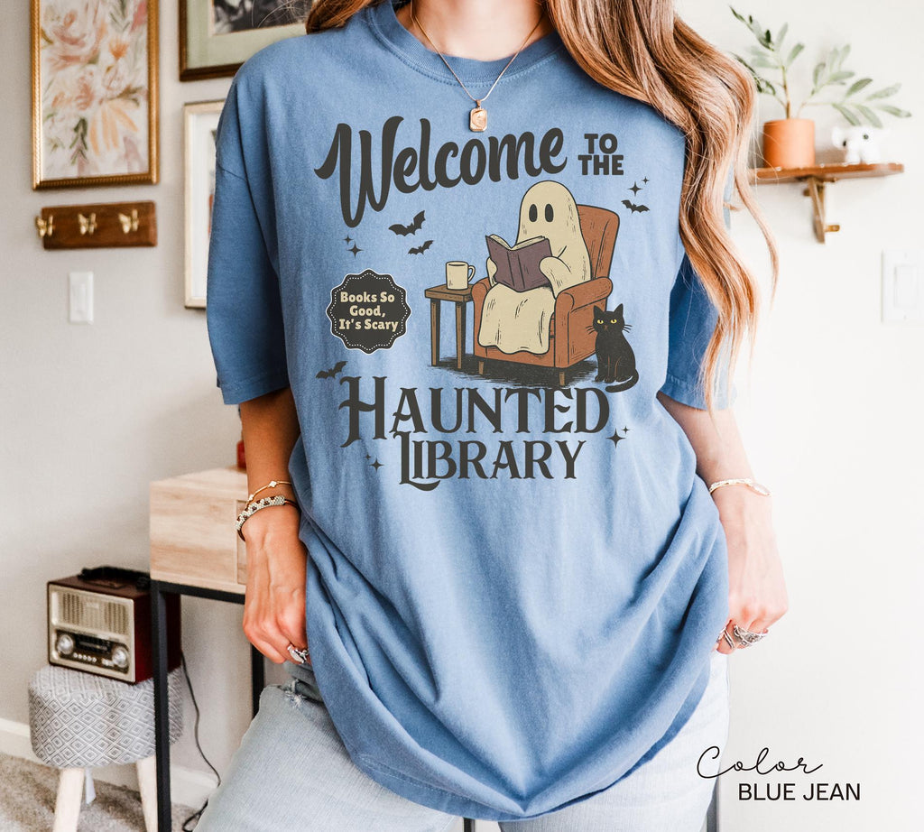 Halloween Ghost Reading Book Shirt, Haunted Library Comfort Colors Shirt, Book Lover Funny Halloween Librarian Graphic Tee Bookish Spooky