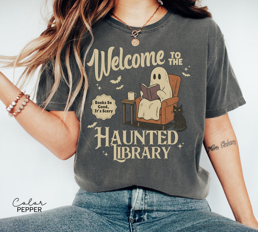 Halloween Ghost Reading Book Shirt, Haunted Library Comfort Colors Shirt, Book Lover Funny Halloween Librarian Graphic Tee Bookish Spooky