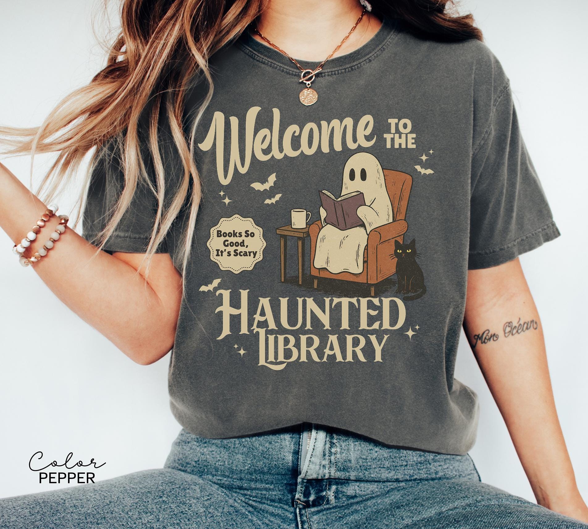 Halloween Ghost Reading Book Shirt, Haunted Library Comfort Colors Shirt, Book Lover Funny Halloween Librarian Graphic Tee Bookish Spooky