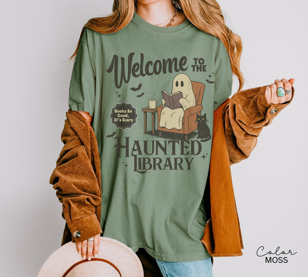 Halloween Ghost Reading Book Shirt, Haunted Library Comfort Colors Shirt, Book Lover Funny Halloween Librarian Graphic Tee Bookish Spooky