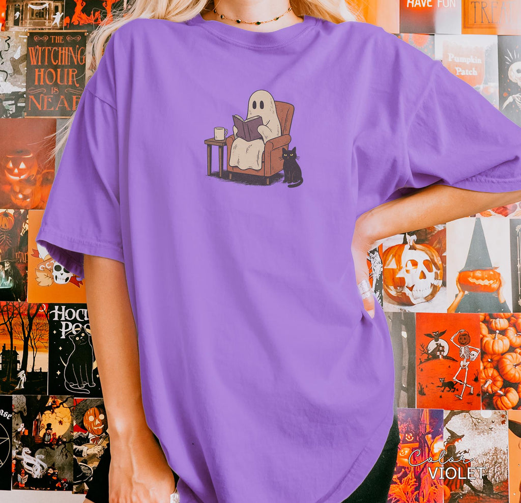 Halloween Ghost Reading Book Shirt, Comfort Colors Bookworm Shirt, Bookish Halloween Shirt, Halloween Reader Gift Shirt, Book Club Shirt