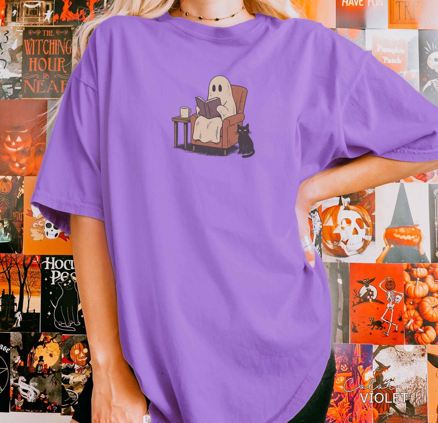 Halloween Ghost Reading Book Shirt, Comfort Colors Bookworm Shirt, Bookish Halloween Shirt, Halloween Reader Gift Shirt, Book Club Shirt