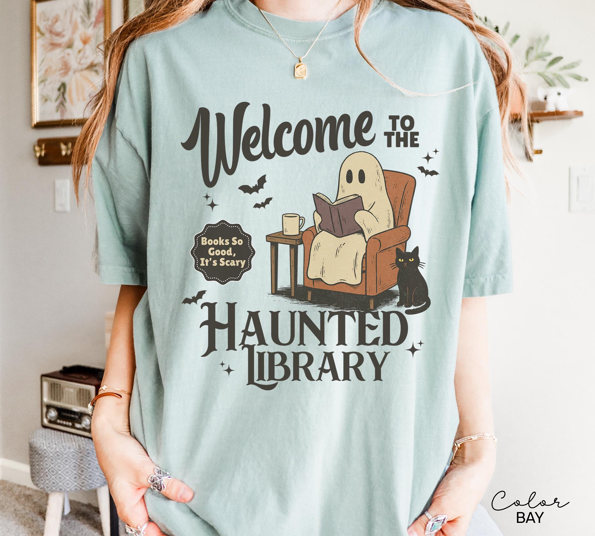 Halloween Ghost Reading Book Shirt, Haunted Library Comfort Colors Shirt, Book Lover Funny Halloween Librarian Graphic Tee Bookish Spooky