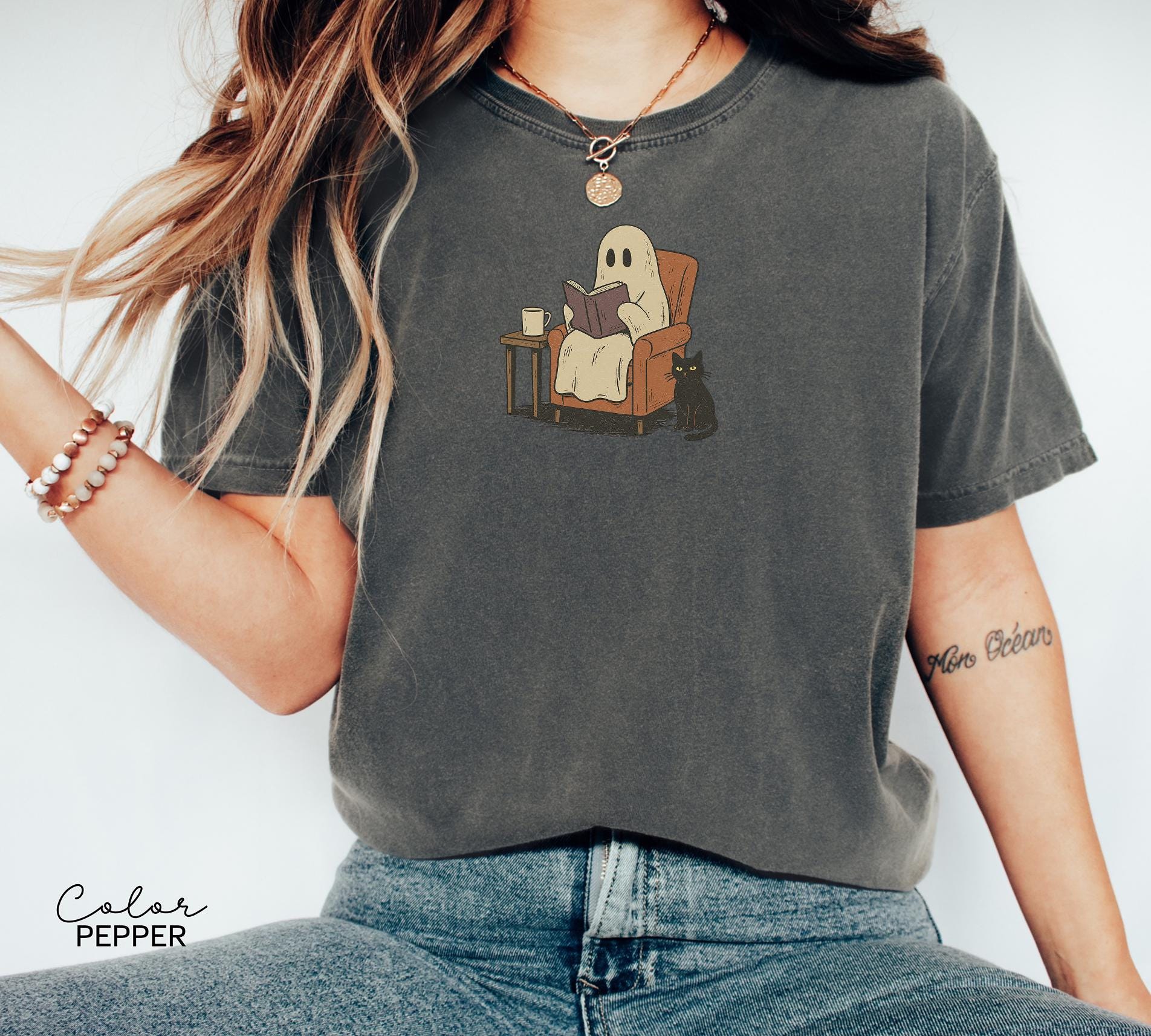 Halloween Ghost Reading Book Shirt, Comfort Colors Bookworm Shirt, Bookish Halloween Shirt, Halloween Reader Gift Shirt, Book Club Shirt
