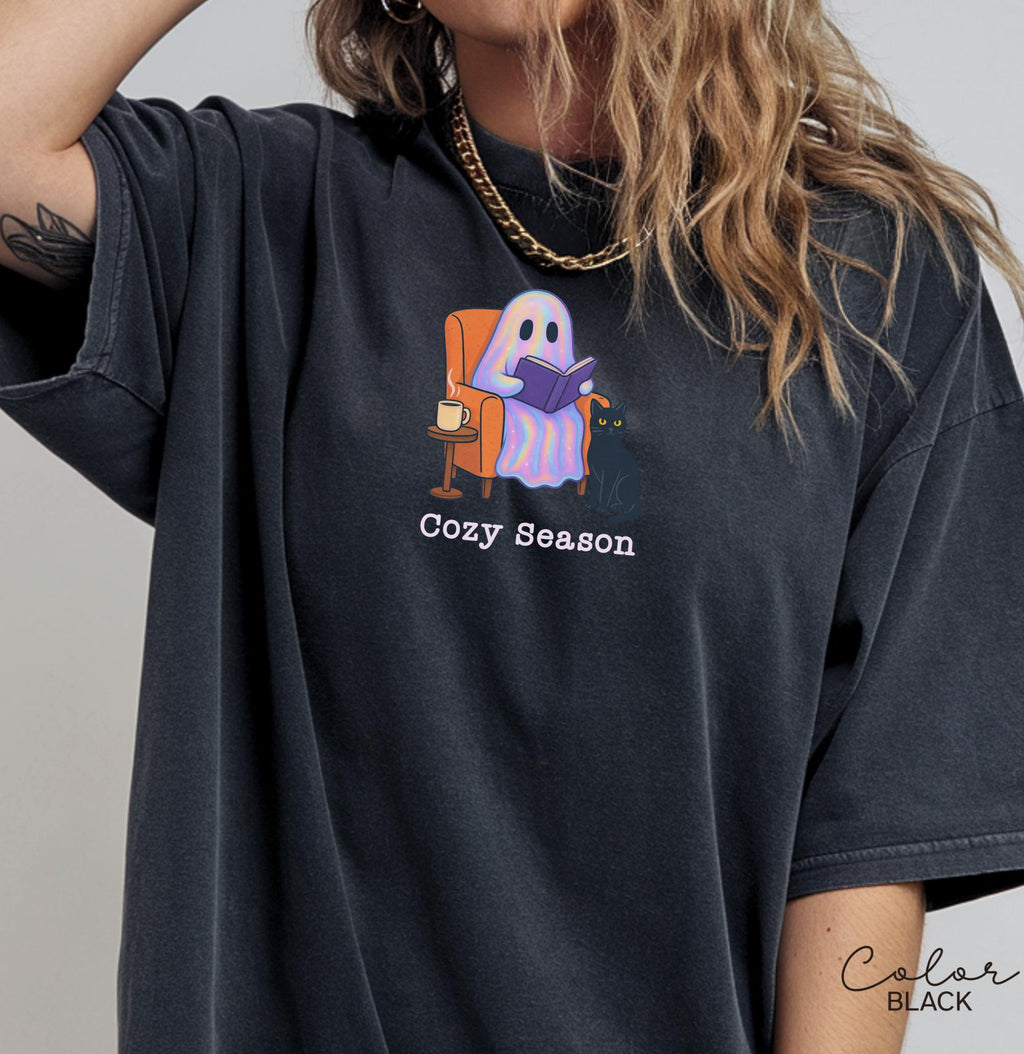 Halloween Ghost Reading Book Shirt, Comfort Colors Cozy Season Shirt, Bookish Halloween Shirt, Halloween Reader Gift Shirt, Book Club Shirt