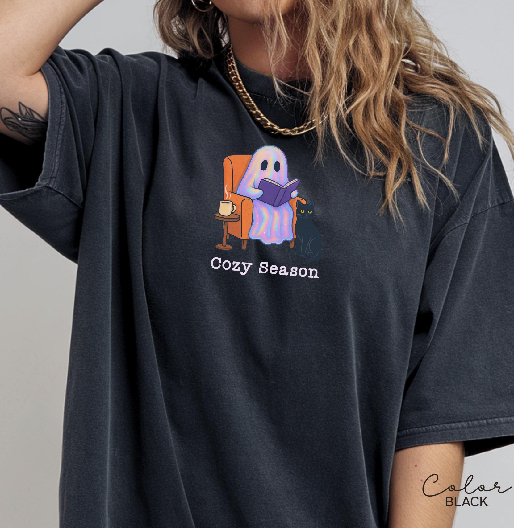 Halloween Ghost Reading Book Shirt, Comfort Colors Cozy Season Shirt, Bookish Halloween Shirt, Halloween Reader Gift Shirt, Book Club Shirt