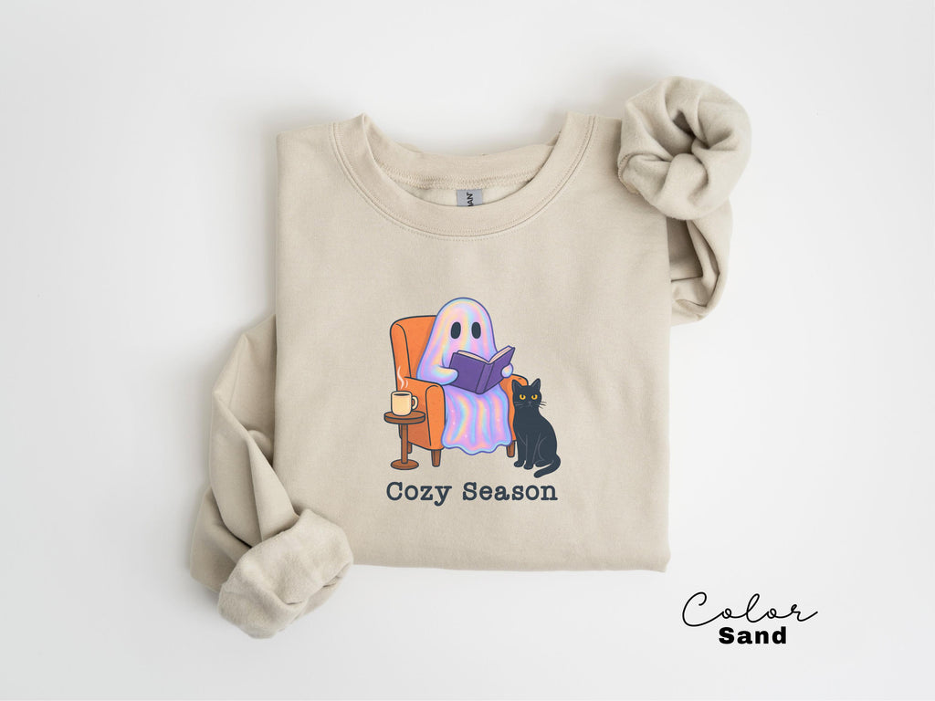 Halloween Ghost Reading Book Sweatshirt, Cozy Season, Bookish Halloween, Halloween Reader Gift, Book Club, Black Cat