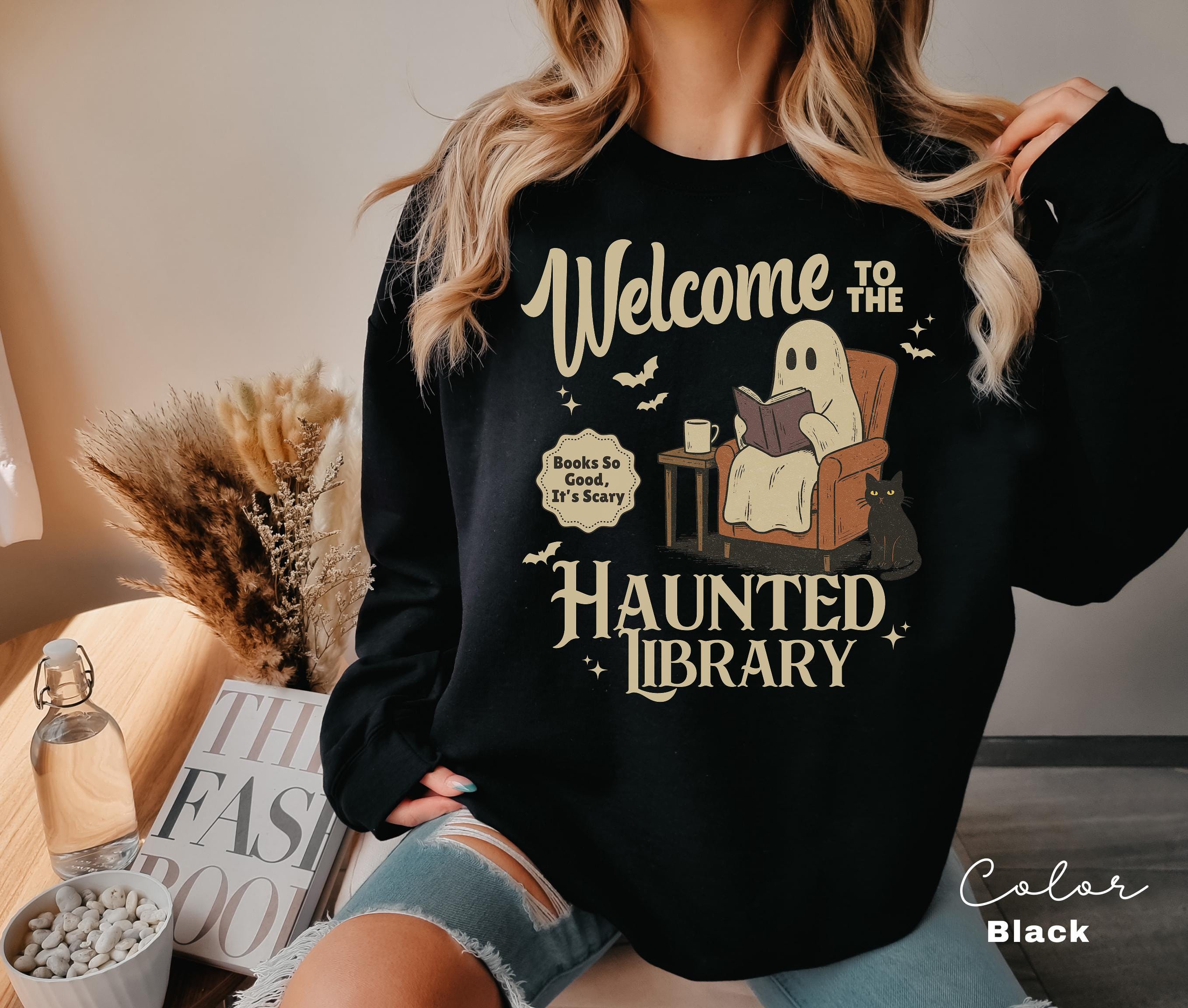 Halloween Ghost Reading Book Sweatshirt, Haunted Library Sweatshirt, Bookish Halloween Crewneck, Halloween Reader Gift, Book Club