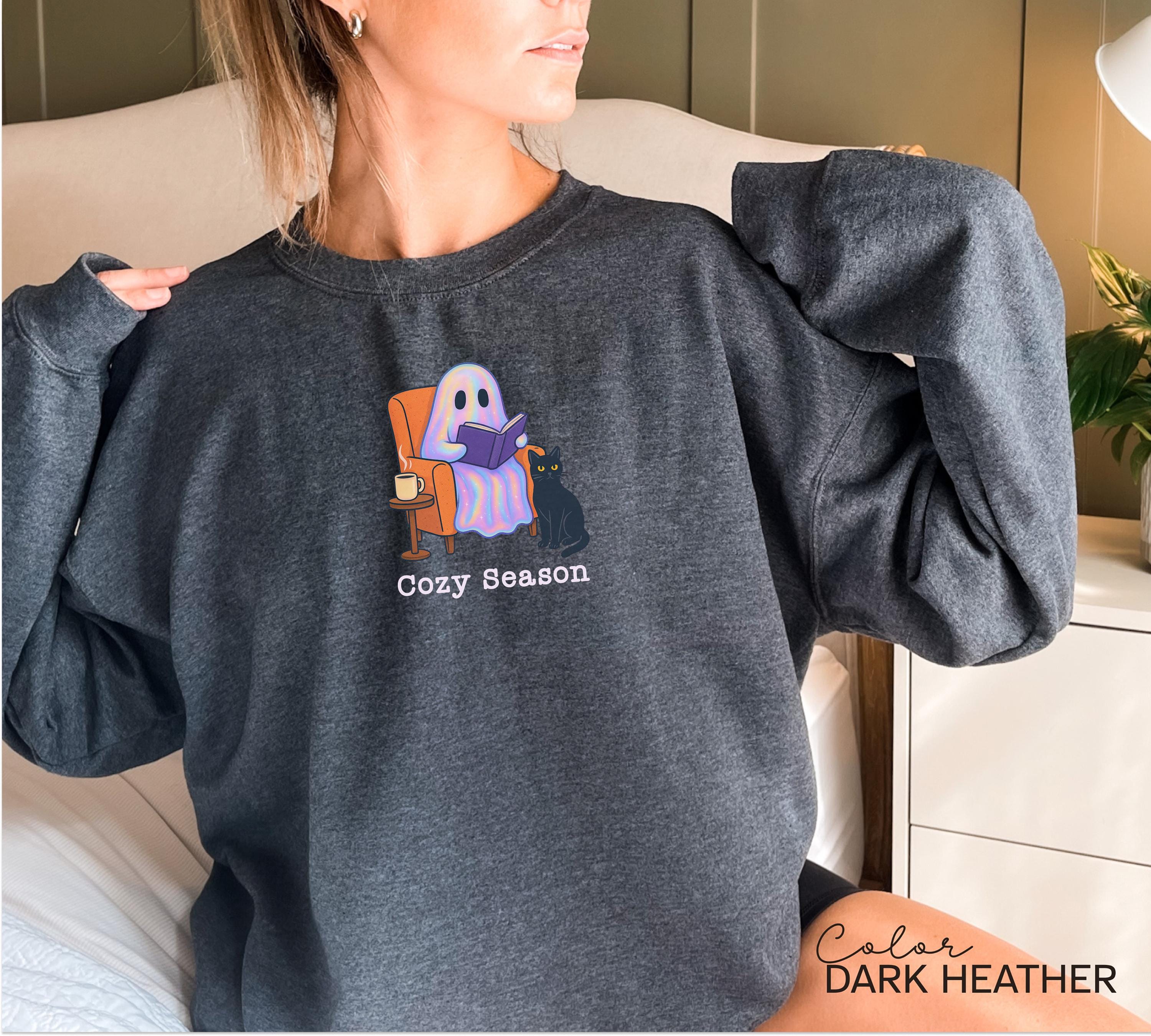 Halloween Ghost Reading Book Sweatshirt, Cozy Season, Bookish Halloween, Halloween Reader Gift, Book Club, Black Cat