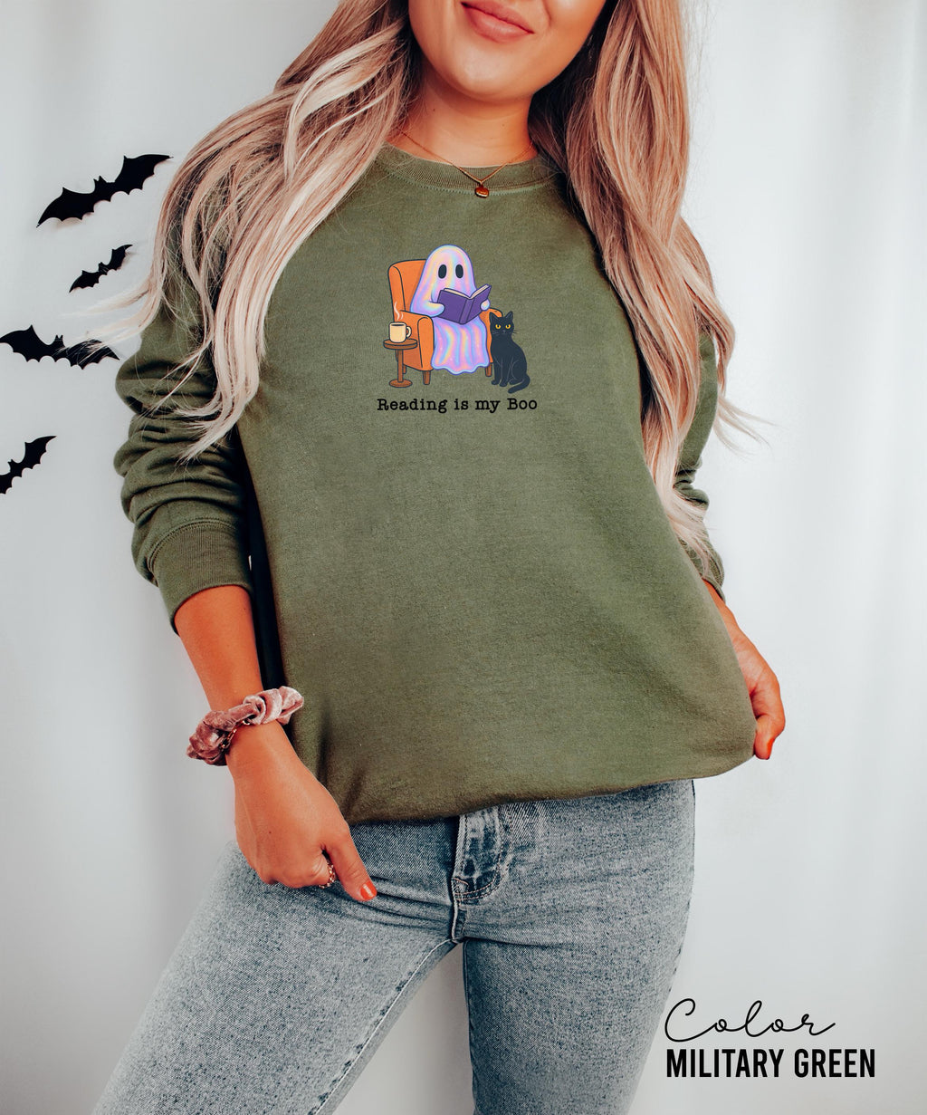 Halloween Ghost Reading Book Sweatshirt, Reading is my Boo Sweatshirt, Bookish Halloween , Halloween Reader Gift , Book Club Crewneck