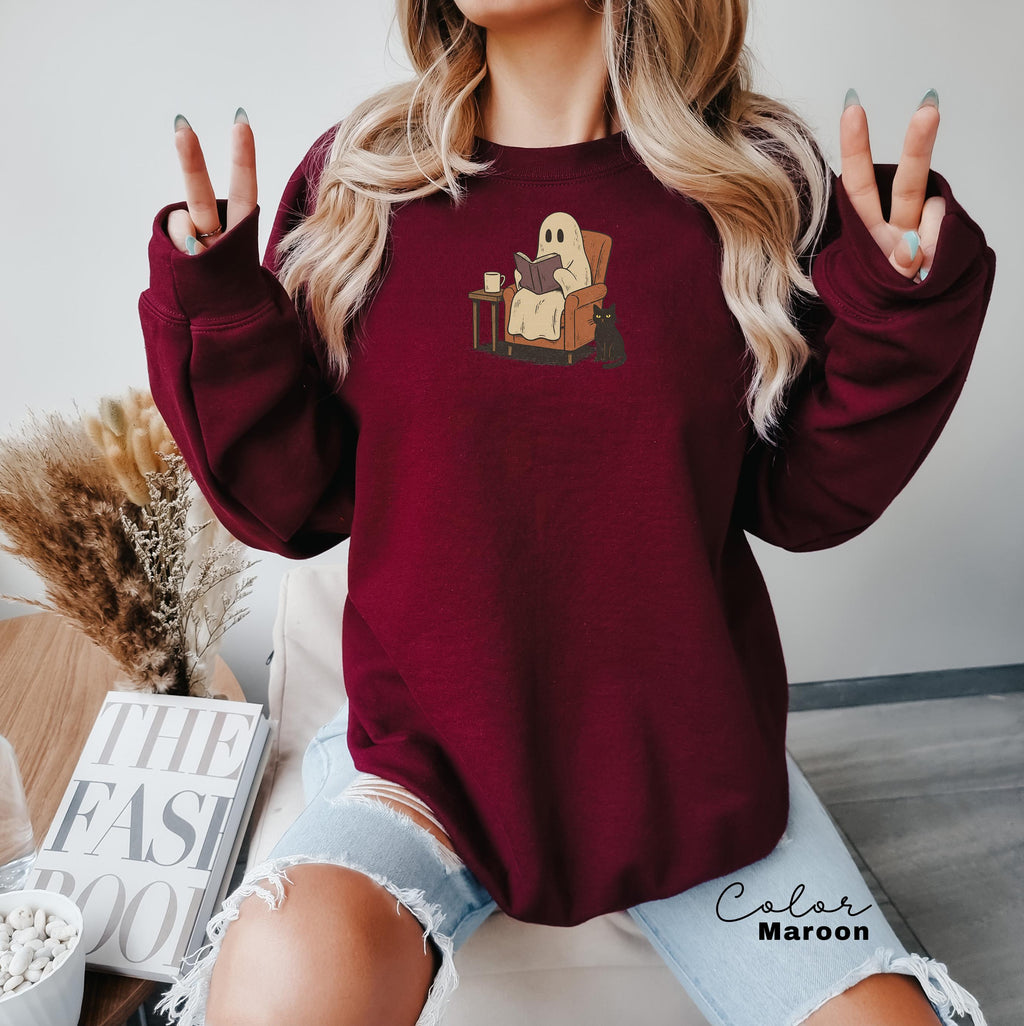 Halloween Ghost Reading Book Sweatshirt, Cozy Season Crewneck, Bookish Halloween , Halloween Reader Gift, Book Club,