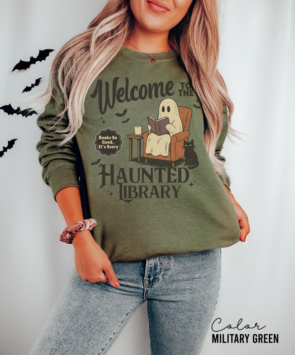 Halloween Ghost Reading Book Sweatshirt, Haunted Library Sweatshirt, Bookish Halloween Crewneck, Halloween Reader Gift, Book Club