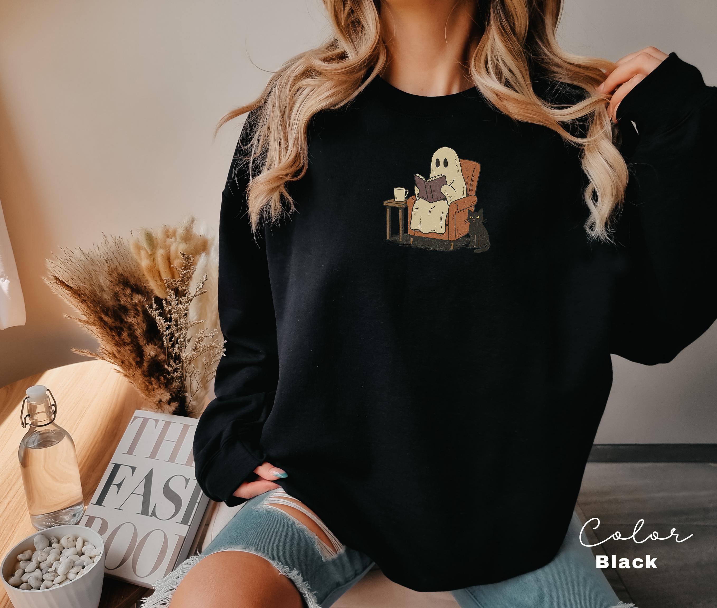 Halloween Ghost Reading Book Sweatshirt, Cozy Season Crewneck, Bookish Halloween , Halloween Reader Gift, Book Club,