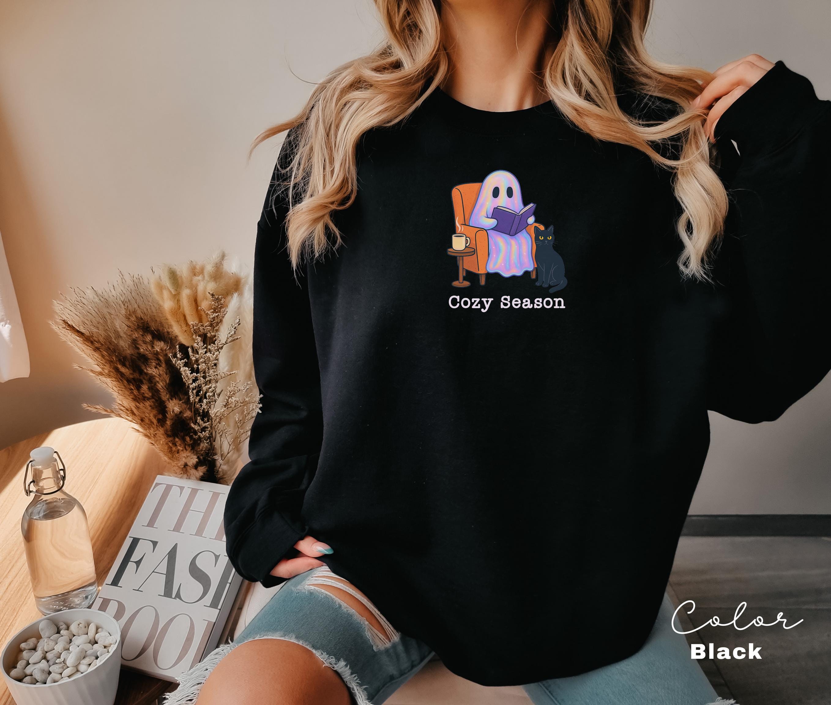 Halloween Ghost Reading Book Sweatshirt, Cozy Season, Bookish Halloween, Halloween Reader Gift, Book Club, Black Cat